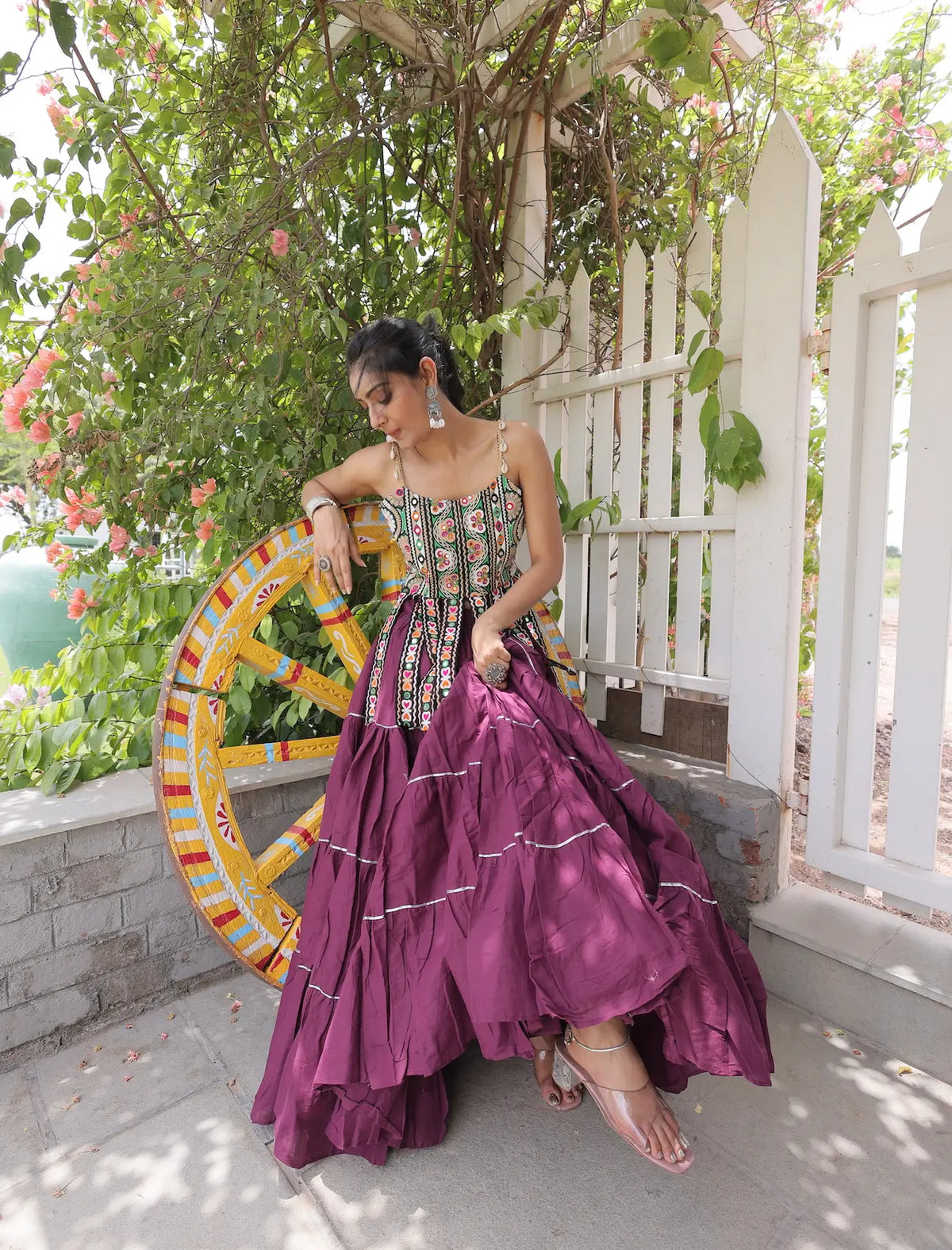 12 Meter Flair | Wine Kutchi Patch Work Garba Chaniya Choli