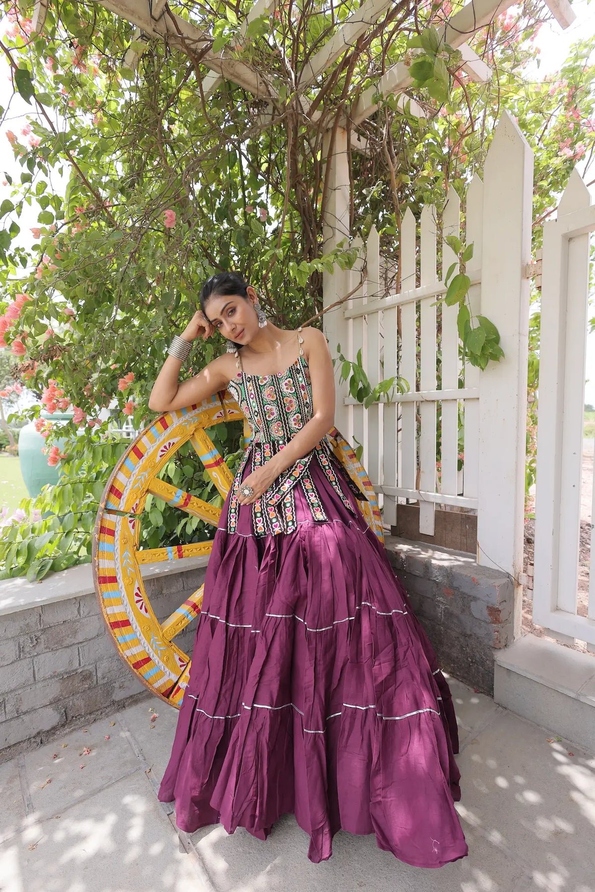 12 Meter Flair | Wine Kutchi Patch Work Garba Chaniya Choli