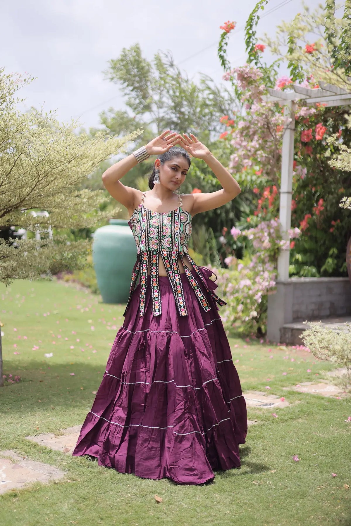 12 Meter Flair | Wine Kutchi Patch Work Garba Chaniya Choli