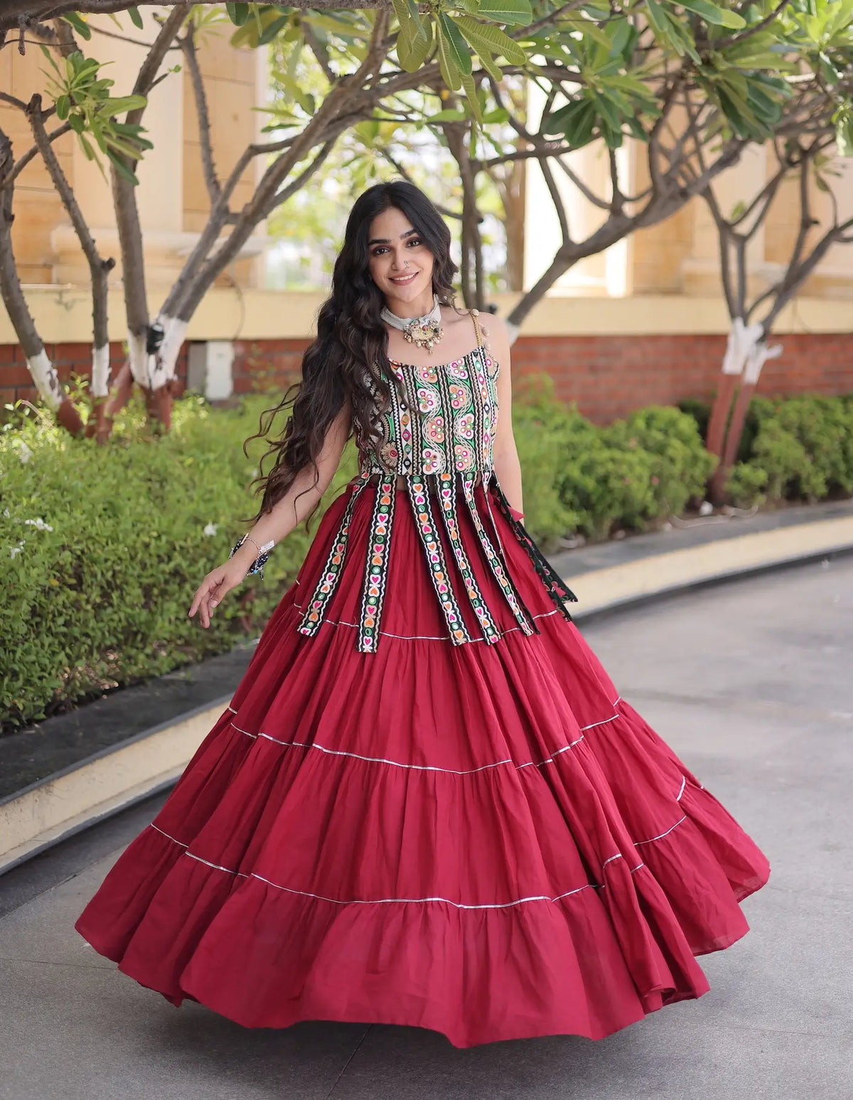 12 Meter Flair | Maroon Kutchi Patch Work Garba Chaniya Choli