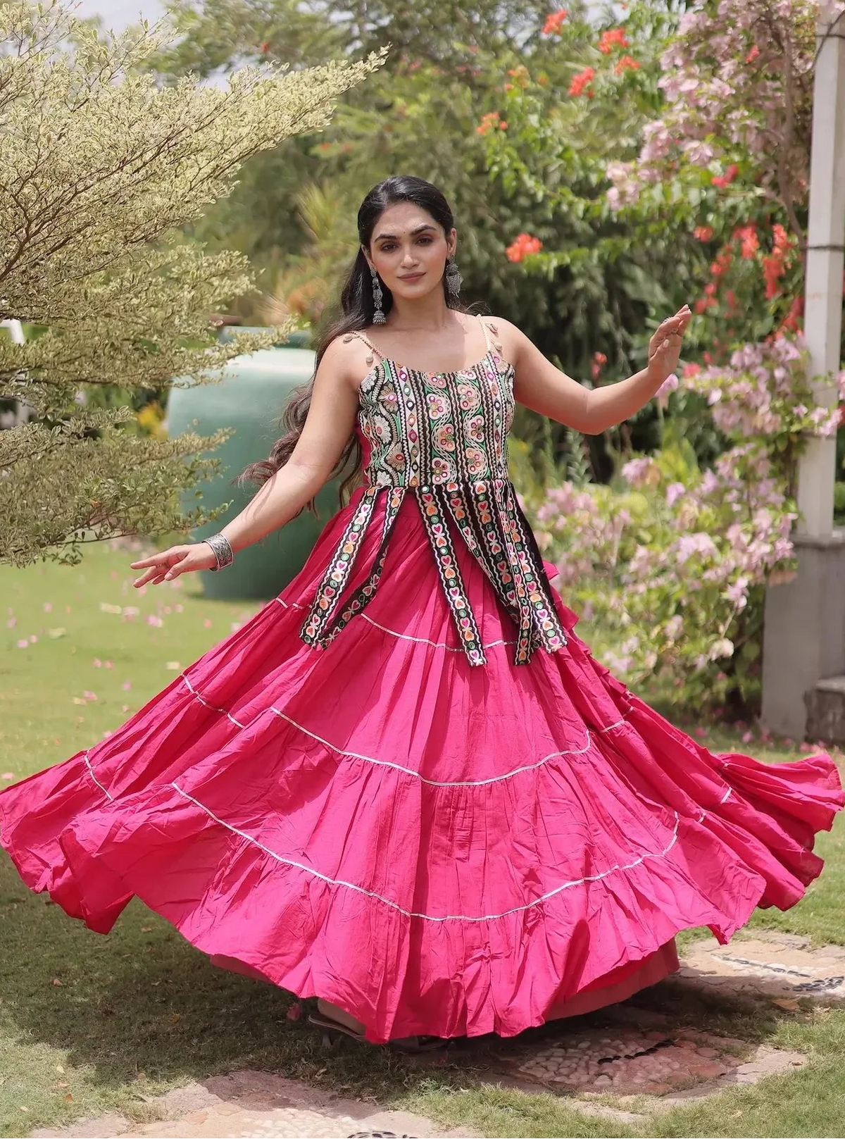 12 Meter Flair | Pink Kutchi Patch Work Garba Chaniya Choli