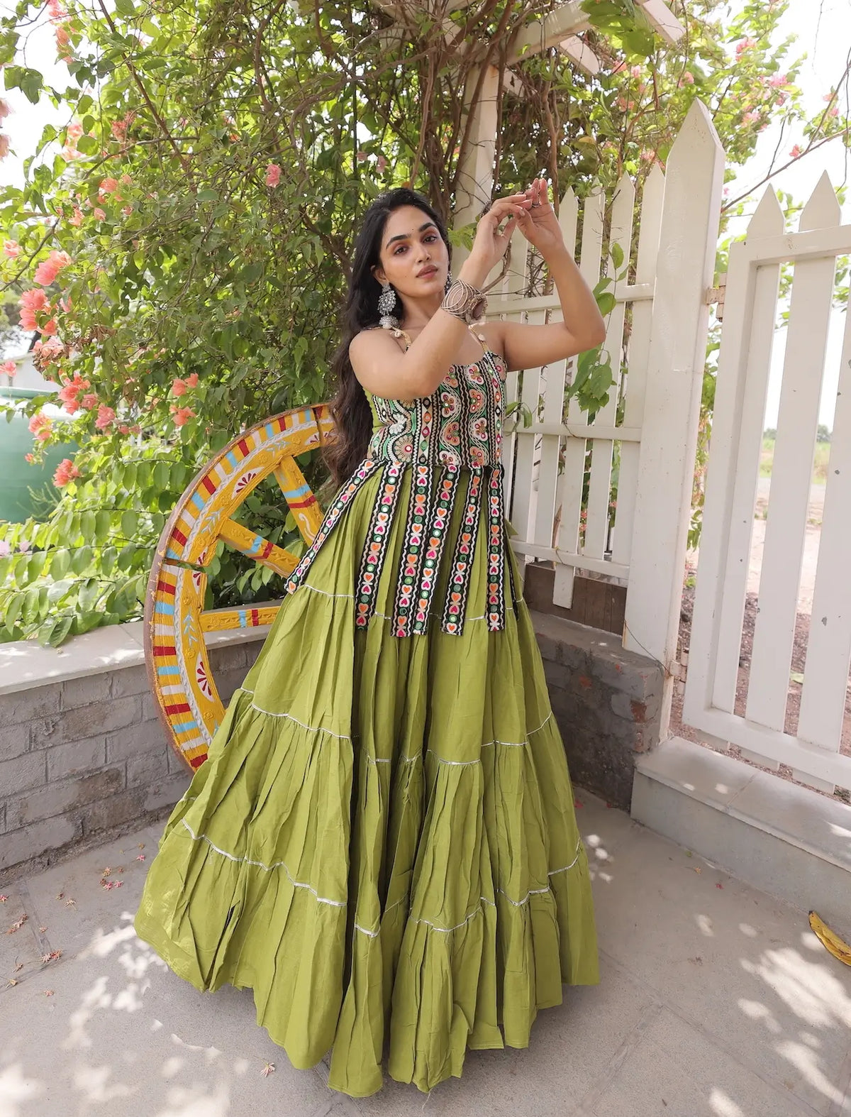 12 Meter Flair | Green Kutchi Patch Work Garba Chaniya Choli