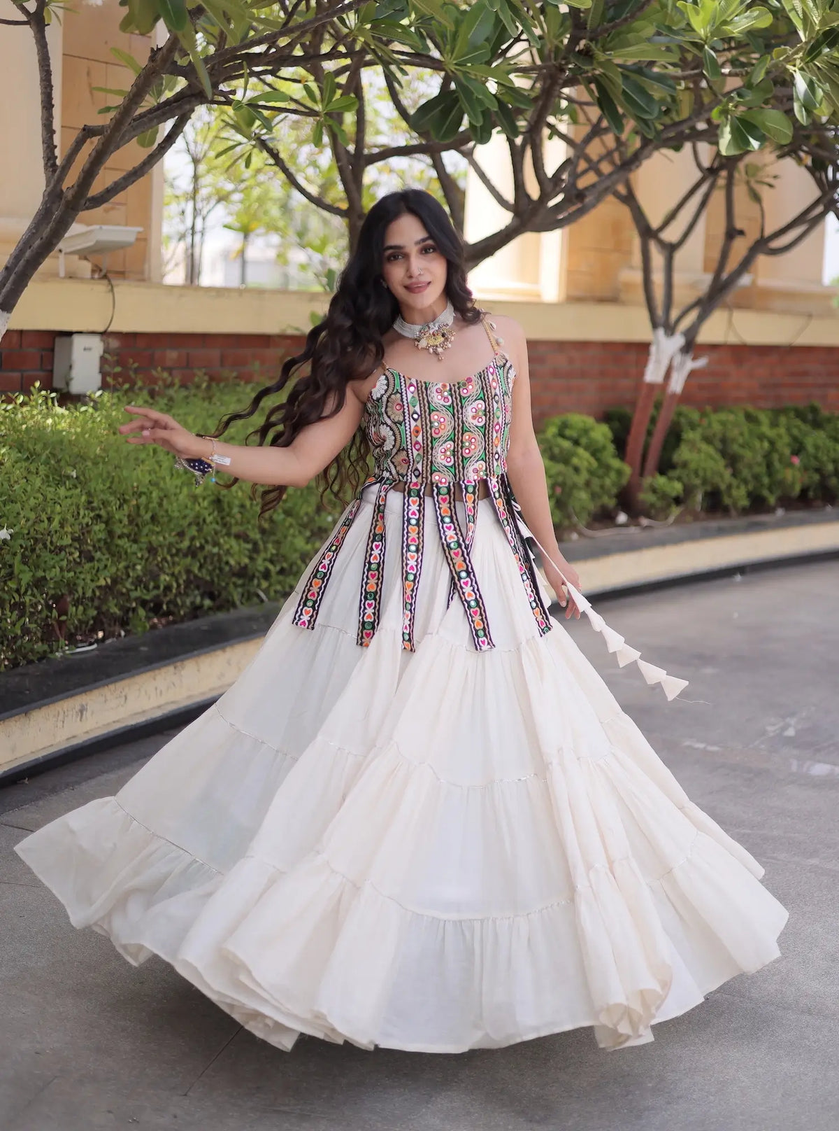 12 Meter Flair | White Kutchi Patch Work Garba Chaniya Choli