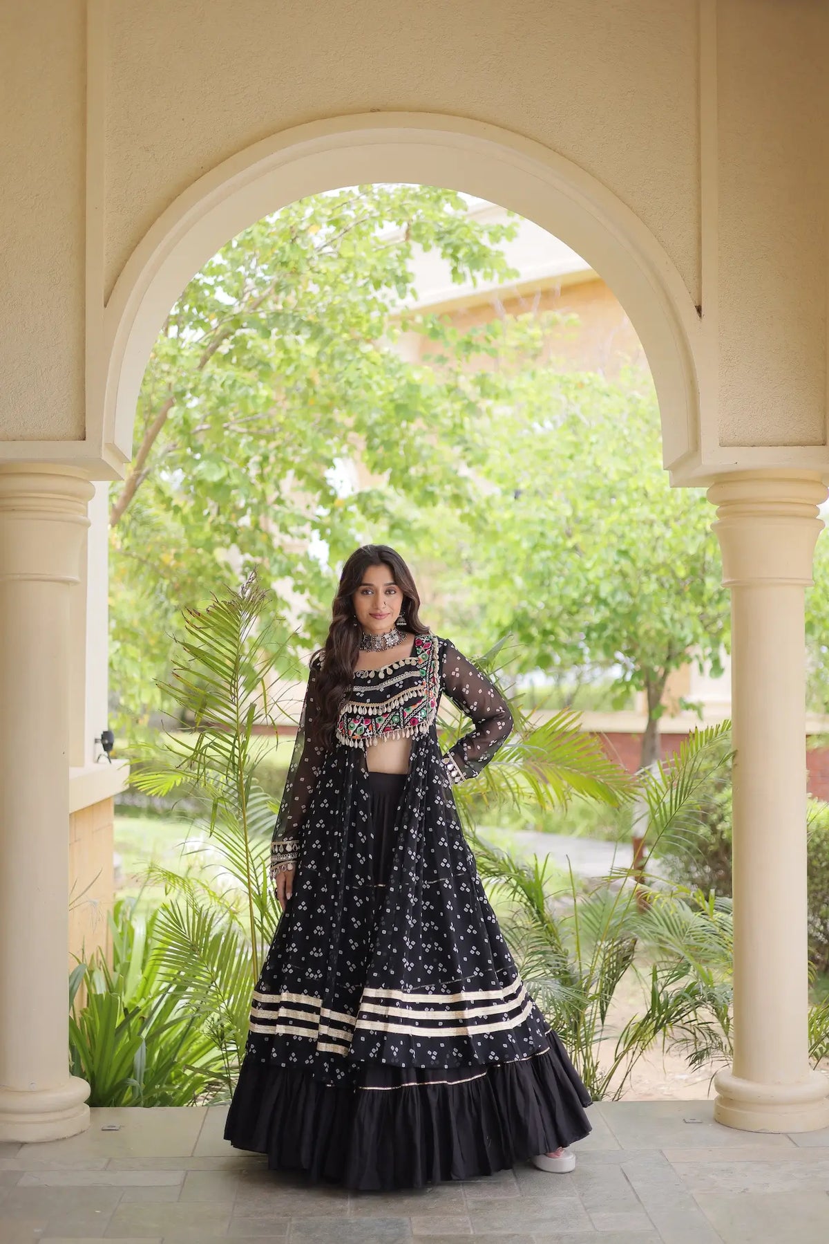 4 Meter Flair | Black Garba Chaniya Choli With Mirror Gamthi Work