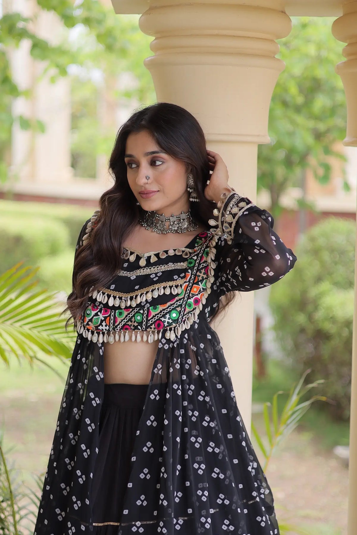 4 Meter Flair | Black Garba Chaniya Choli With Mirror Gamthi Work