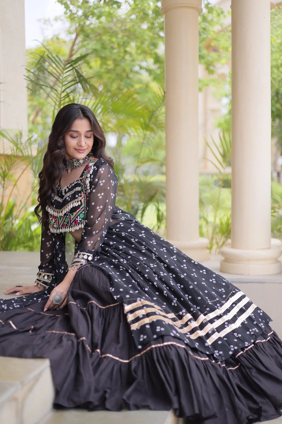 4 Meter Flair | Black Garba Chaniya Choli With Mirror Gamthi Work