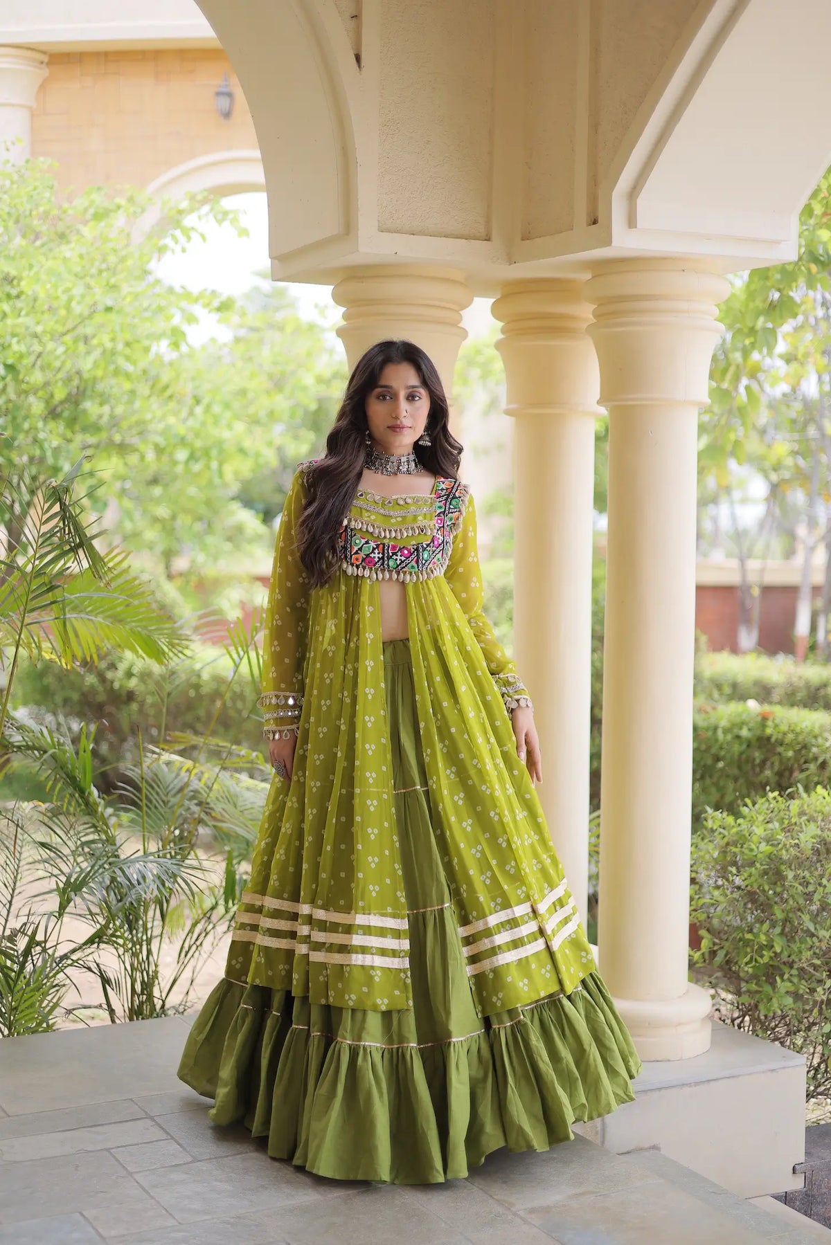 4 Meter Flair | Parrot Green Garba Chaniya Choli With Mirror Gamthi Work