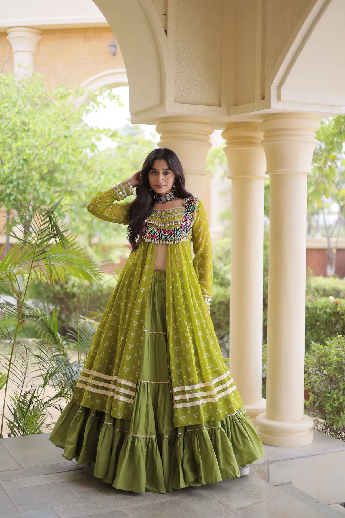 4 Meter Flair | Parrot Green Garba Chaniya Choli With Mirror Gamthi Work