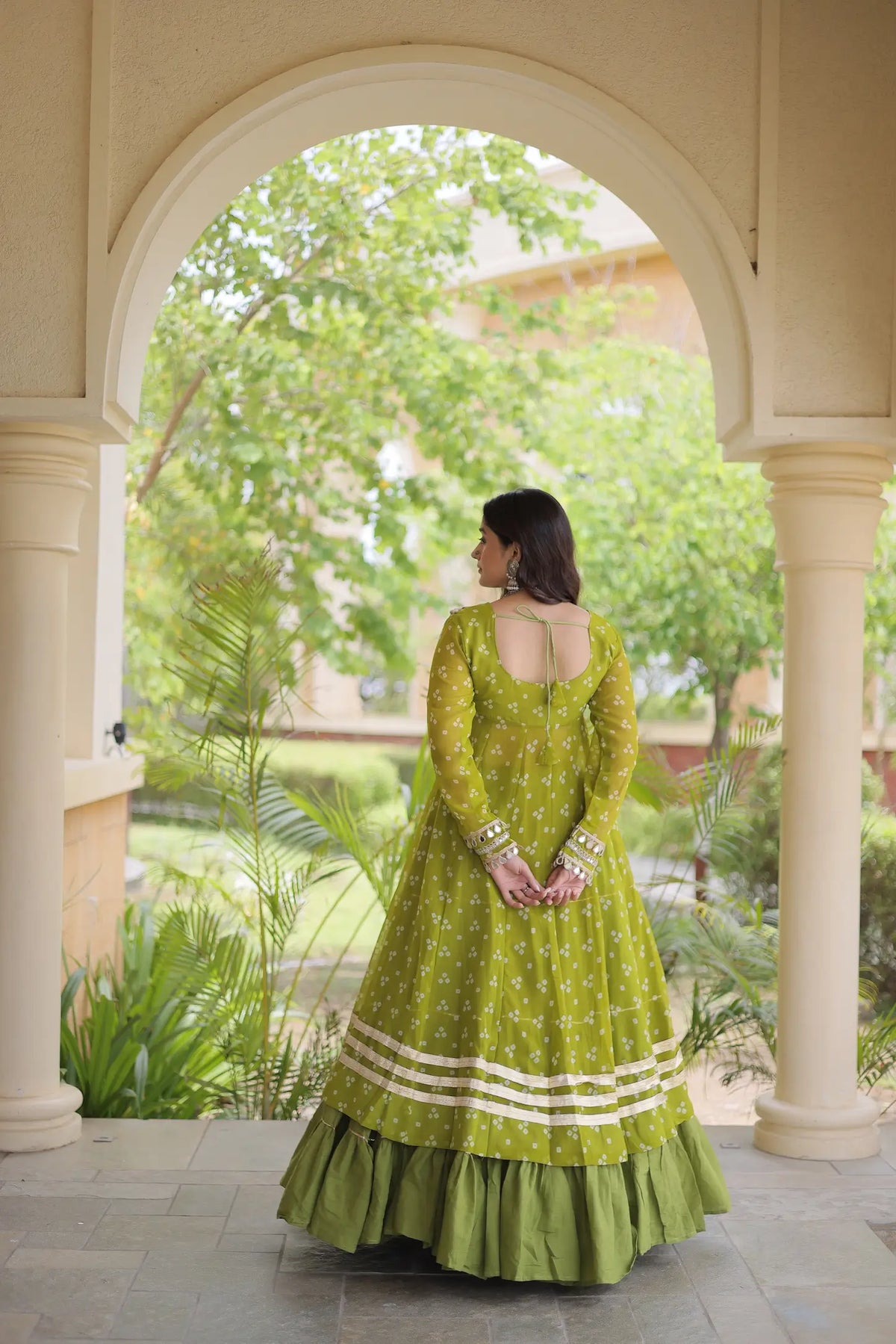 4 Meter Flair | Parrot Green Garba Chaniya Choli With Mirror Gamthi Work