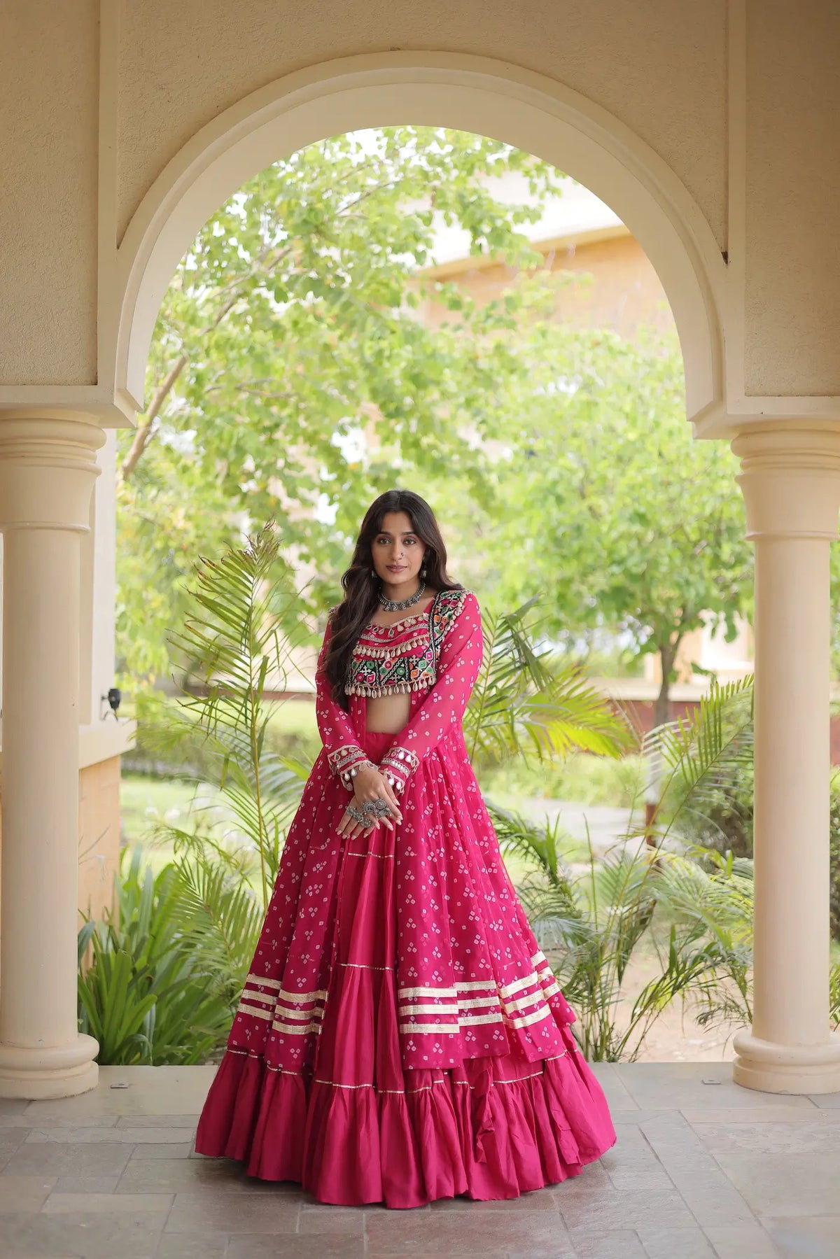 4 Meter Flair | Pink Garba Chaniya Choli With Mirror Gamthi Work