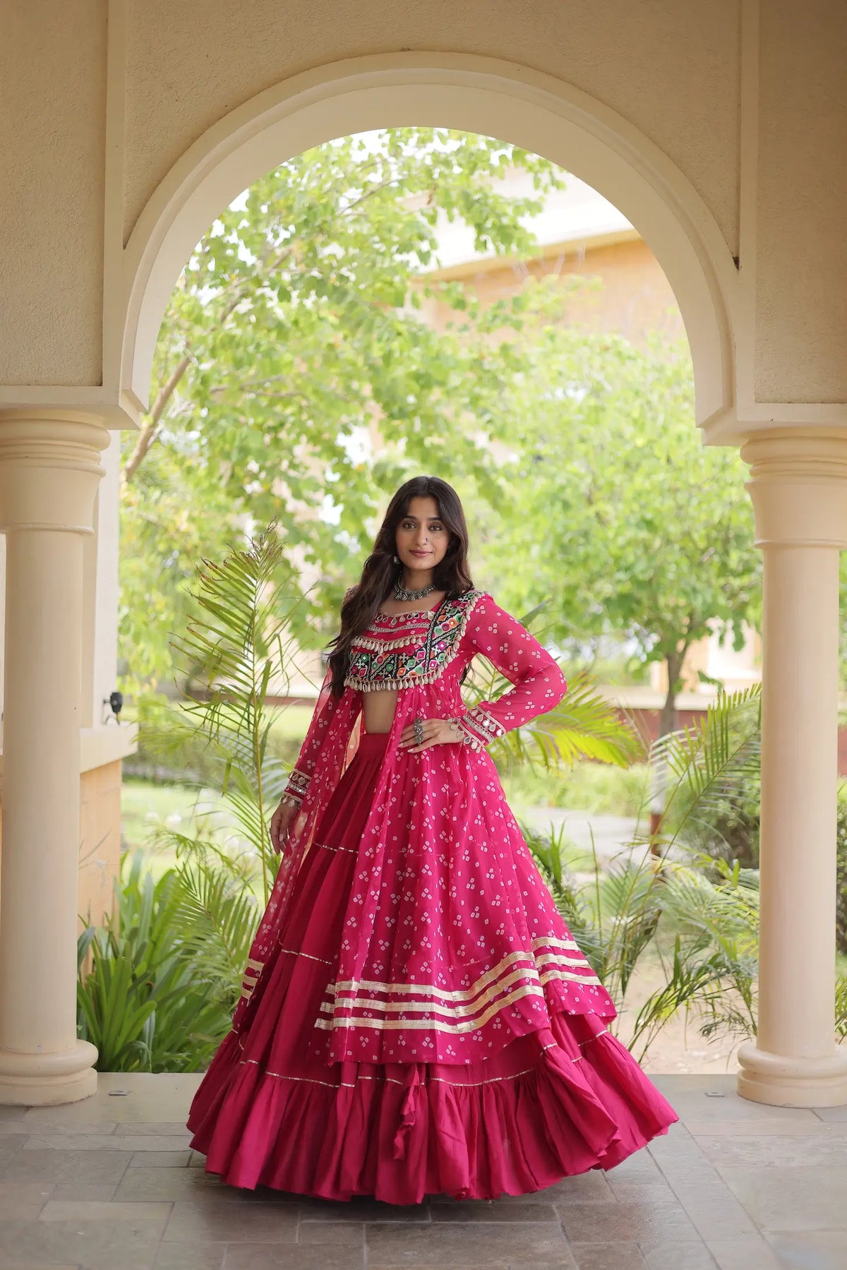 4 Meter Flair | Pink Garba Chaniya Choli With Mirror Gamthi Work