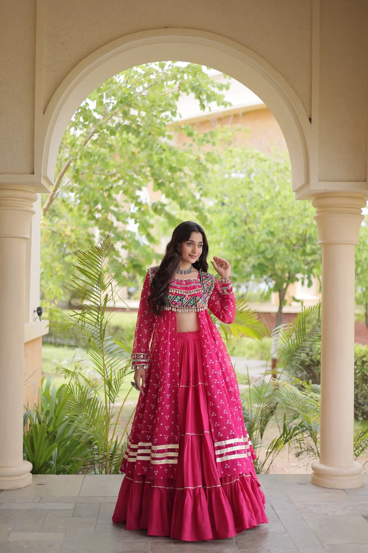 4 Meter Flair | Pink Garba Chaniya Choli With Mirror Gamthi Work