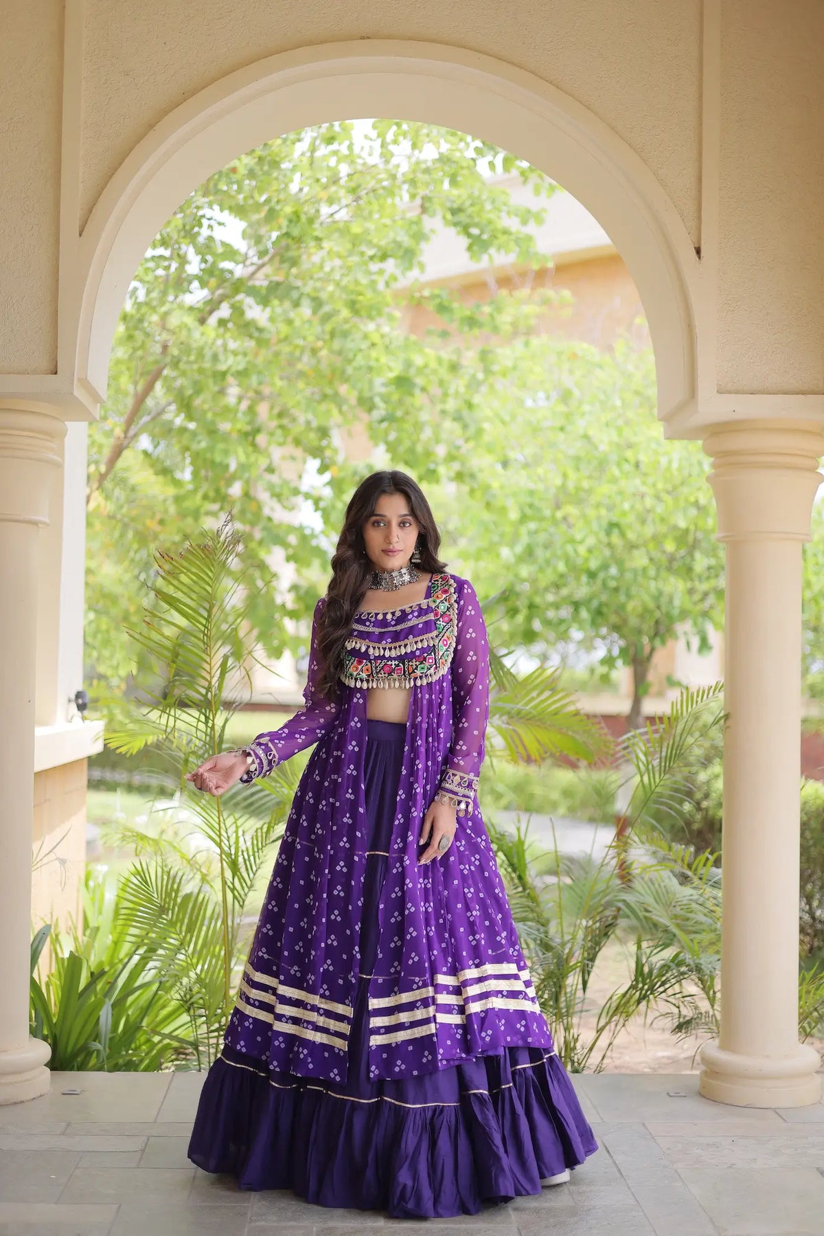4 Meter Flair | Purple Garba Chaniya Choli With Mirror Gamthi Work