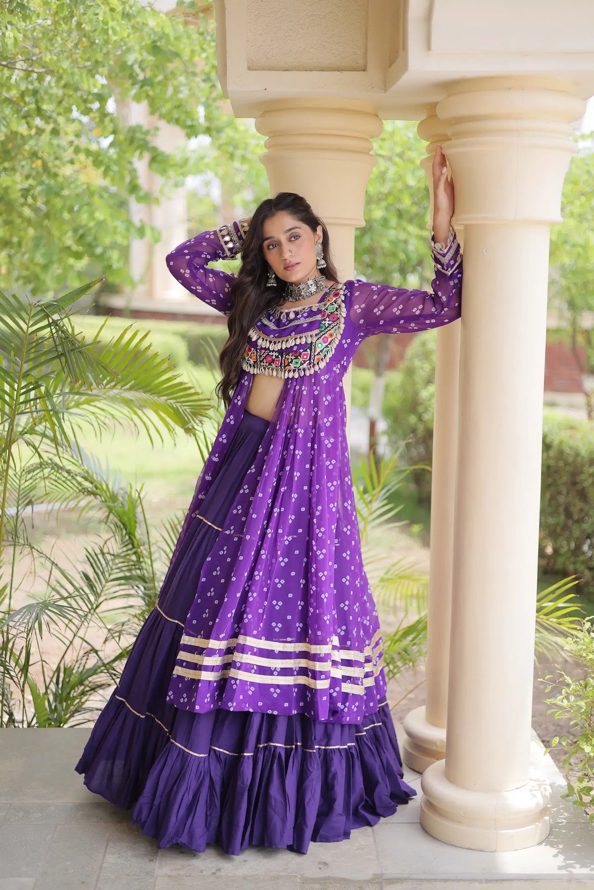 4 Meter Flair | Purple Garba Chaniya Choli With Mirror Gamthi Work