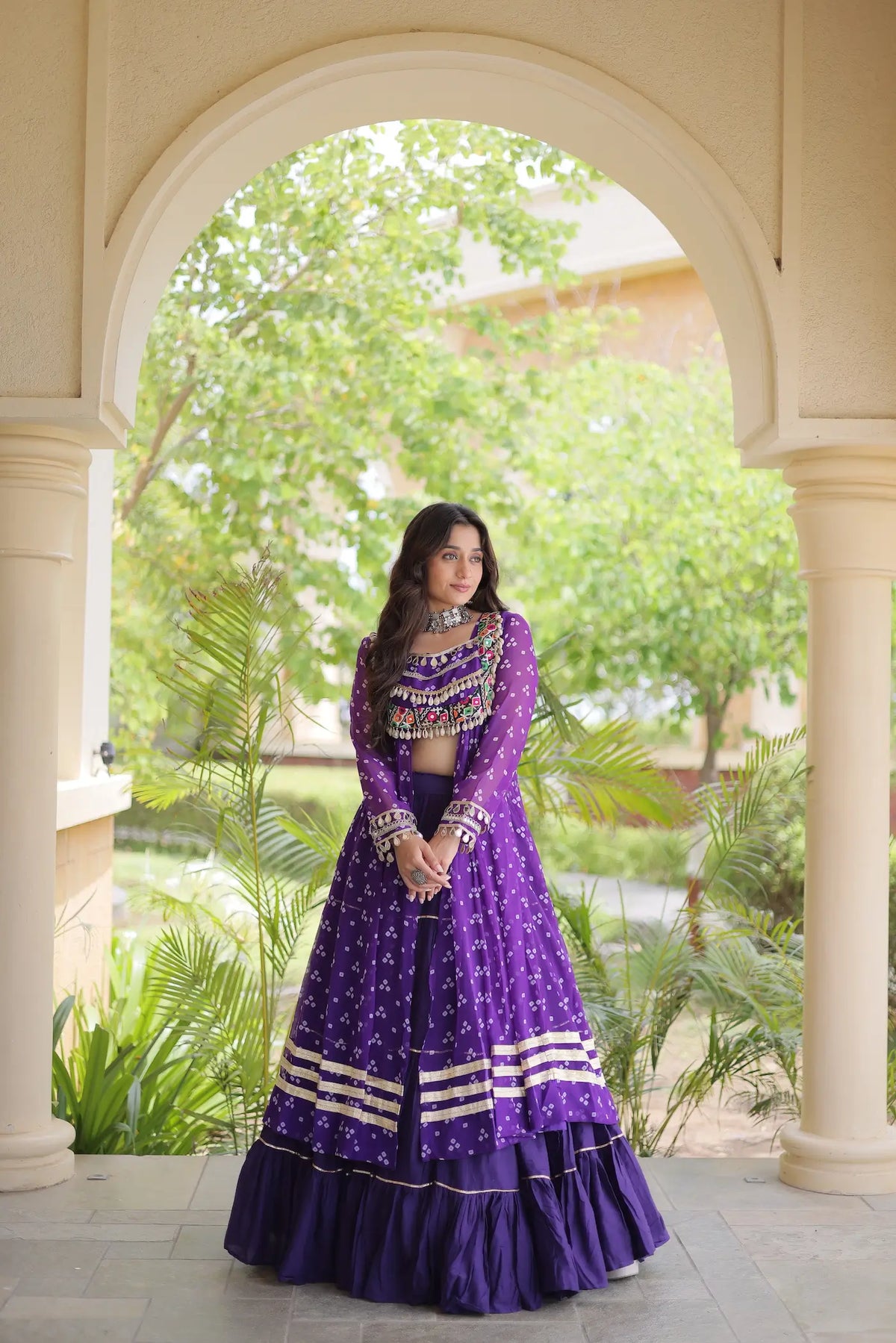 4 Meter Flair | Purple Garba Chaniya Choli With Mirror Gamthi Work