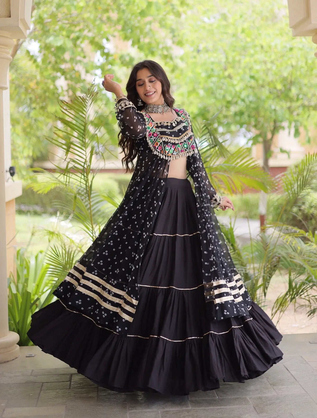4 Meter Flair | Black Garba Chaniya Choli With Mirror Gamthi Work