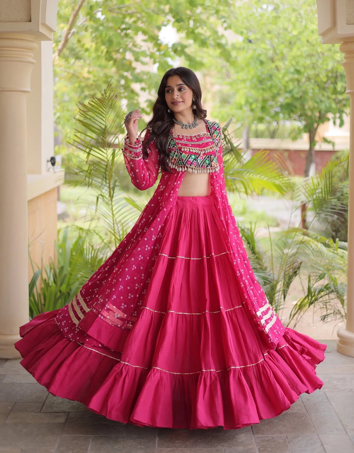4 Meter Flair | Pink Garba Chaniya Choli With Mirror Gamthi Work