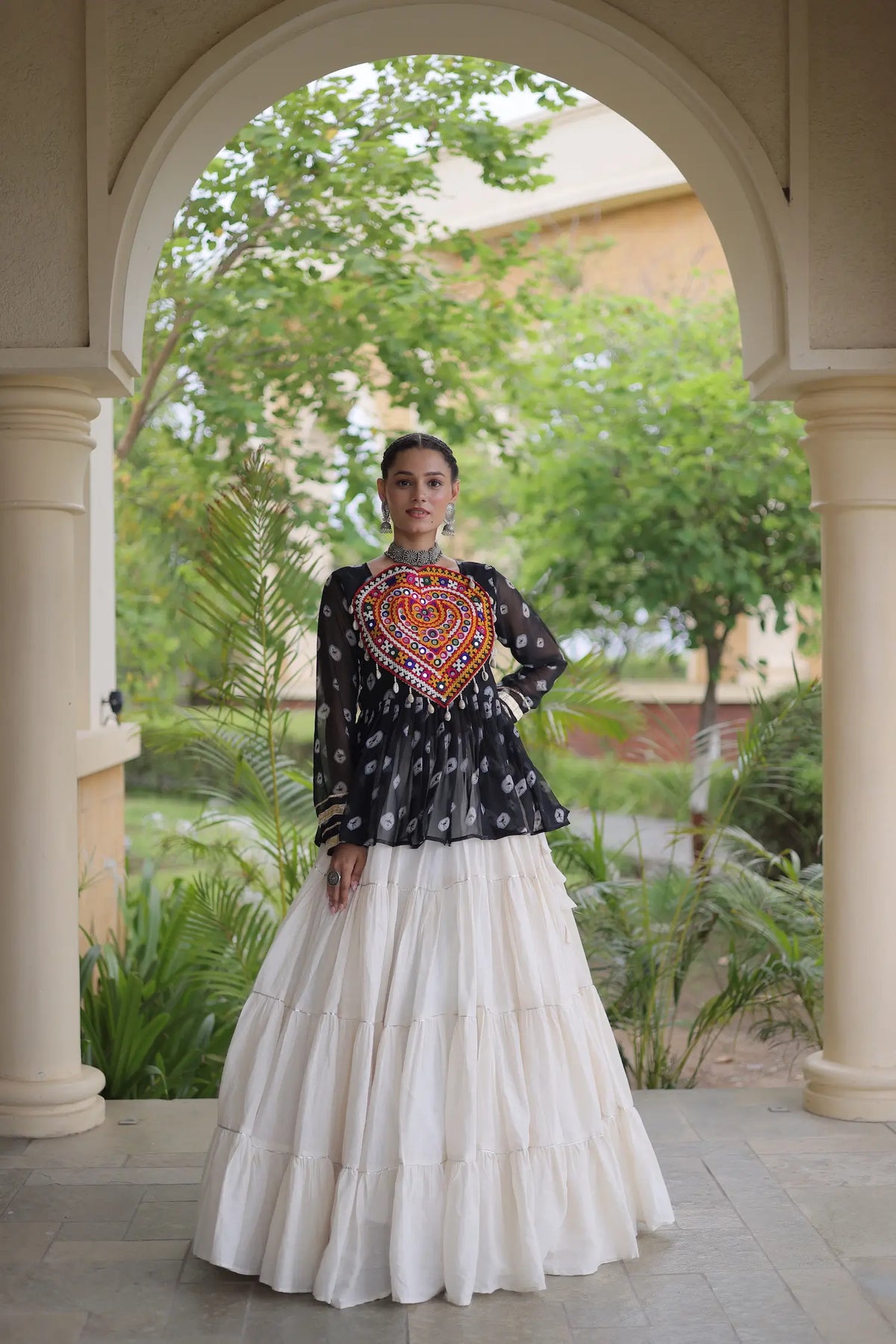 Black-White Garba Chaniya choli With Kutchi Patch Work