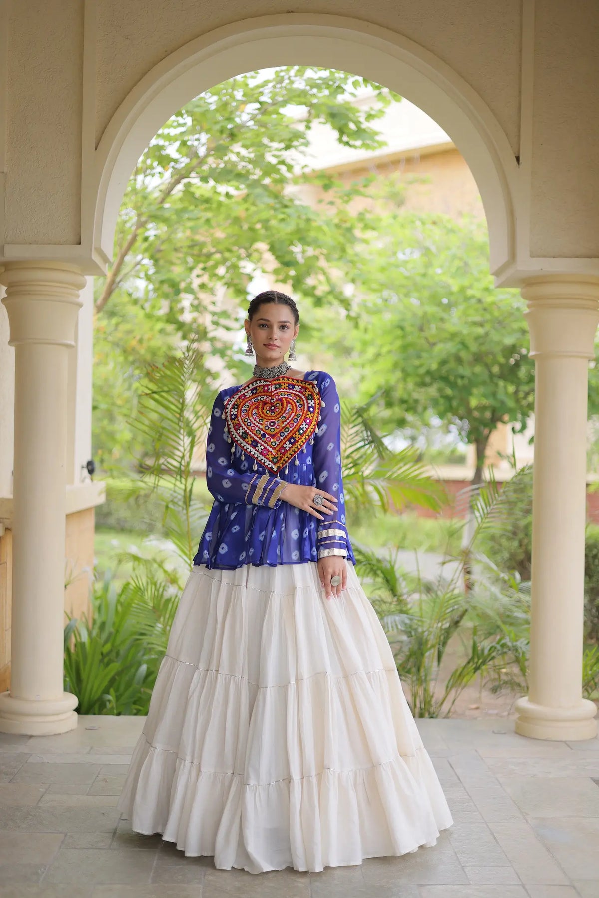 Blue-White Garba Chaniya choli With Kutchi Patch Work
