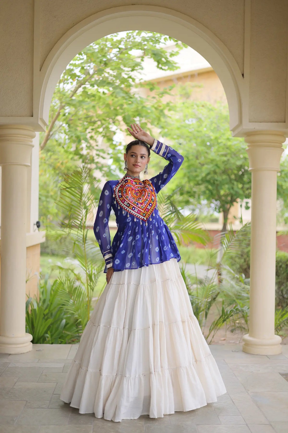 Blue-White Garba Chaniya choli With Kutchi Patch Work