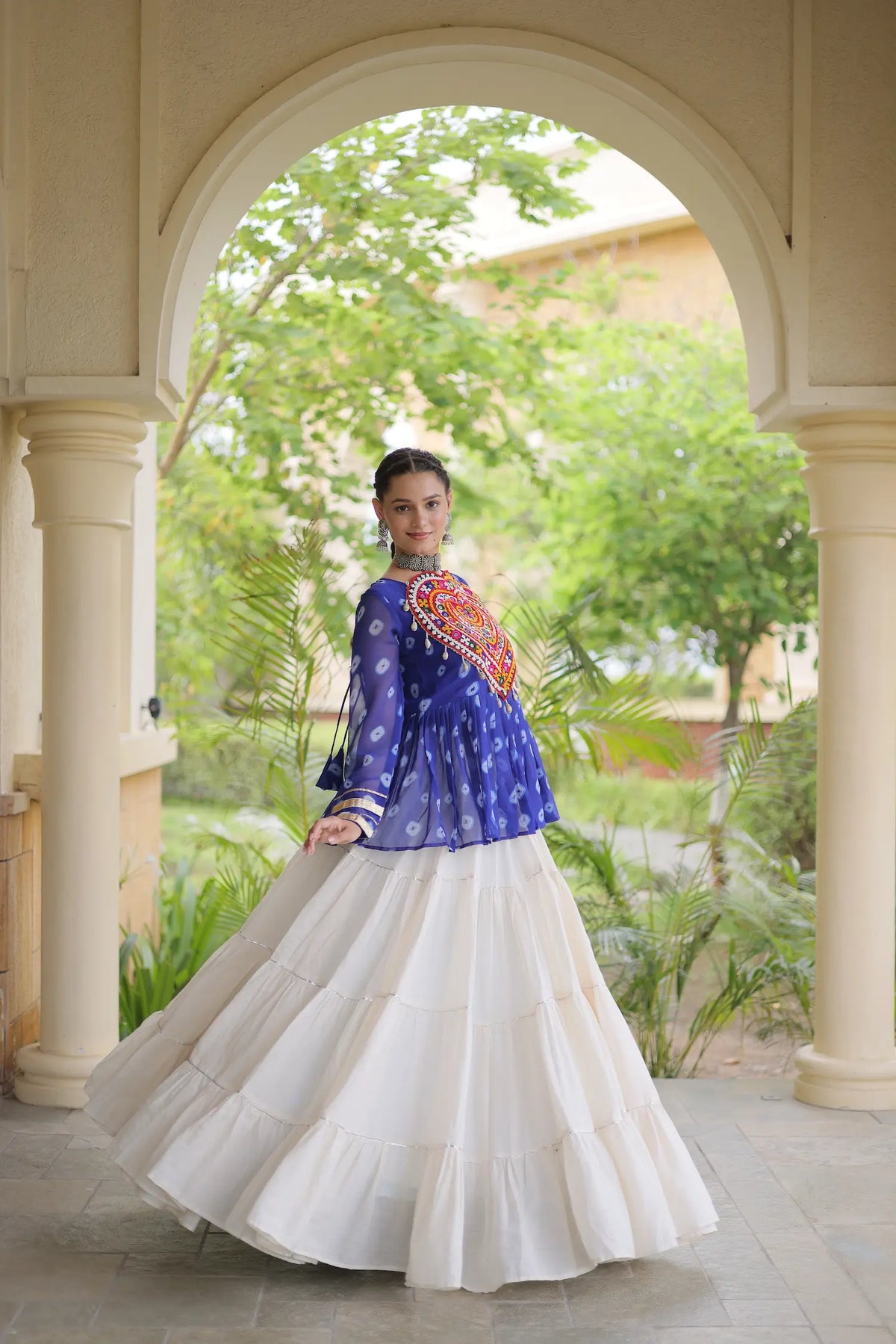 Blue-White Garba Chaniya choli With Kutchi Patch Work
