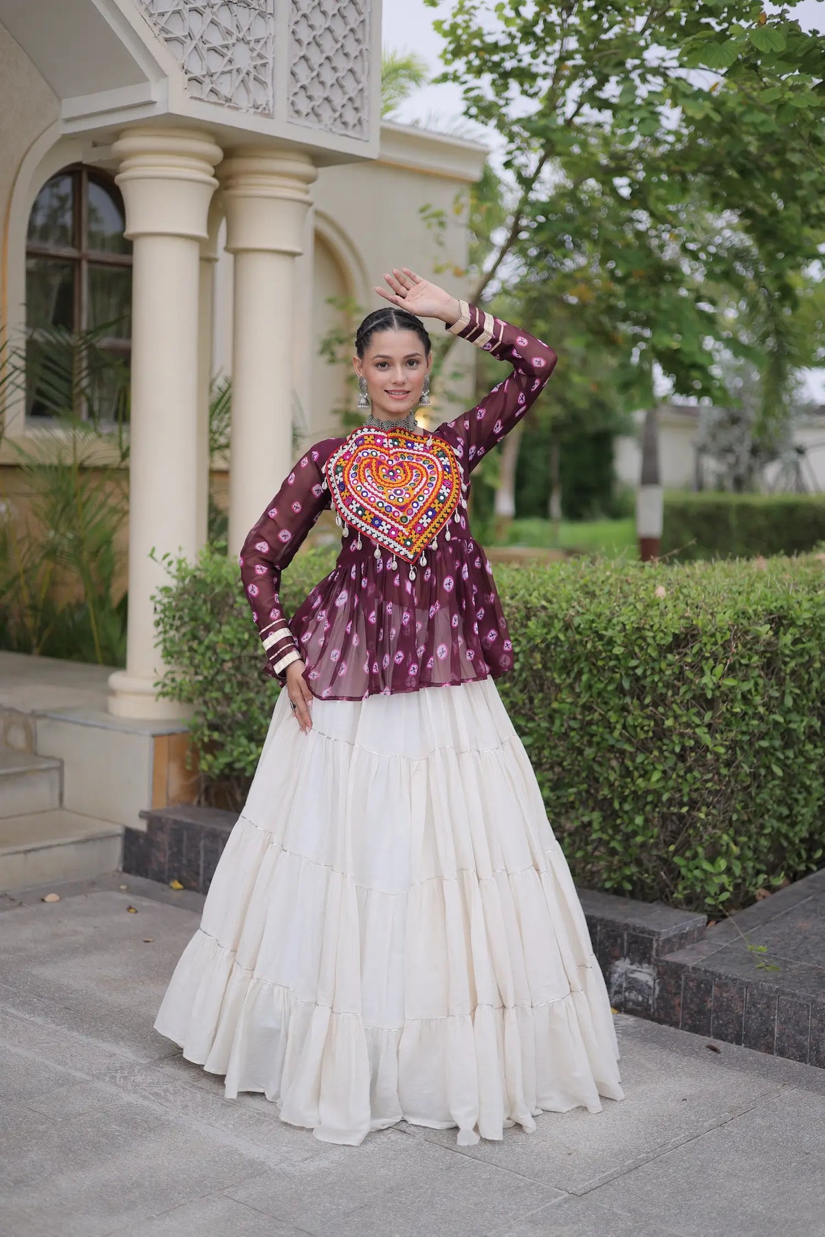 Wine-White Garba Chaniya choli With Kutchi Patch Work