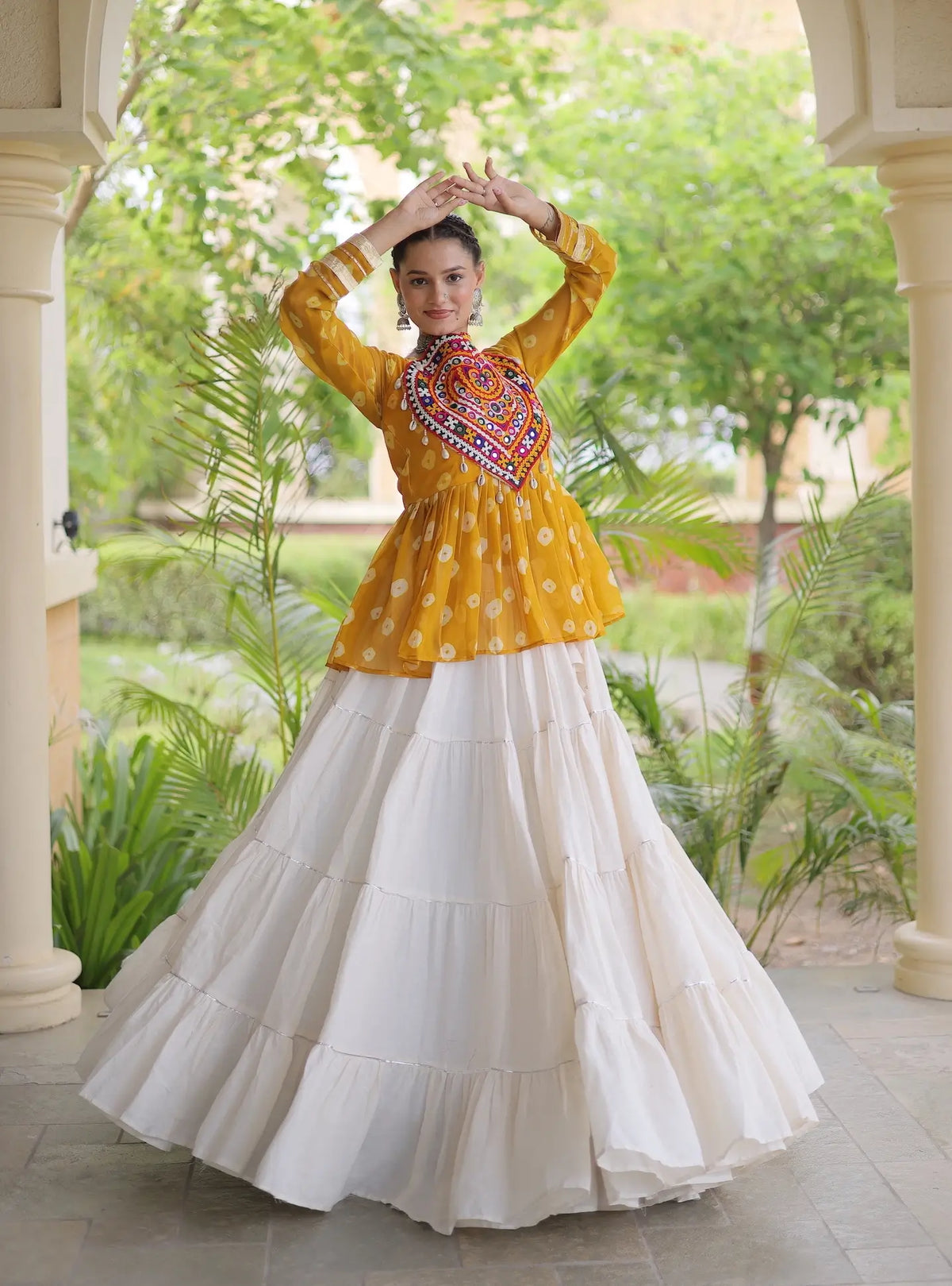 Yellow-White Garba Chaniya choli With Kutchi Patch Work