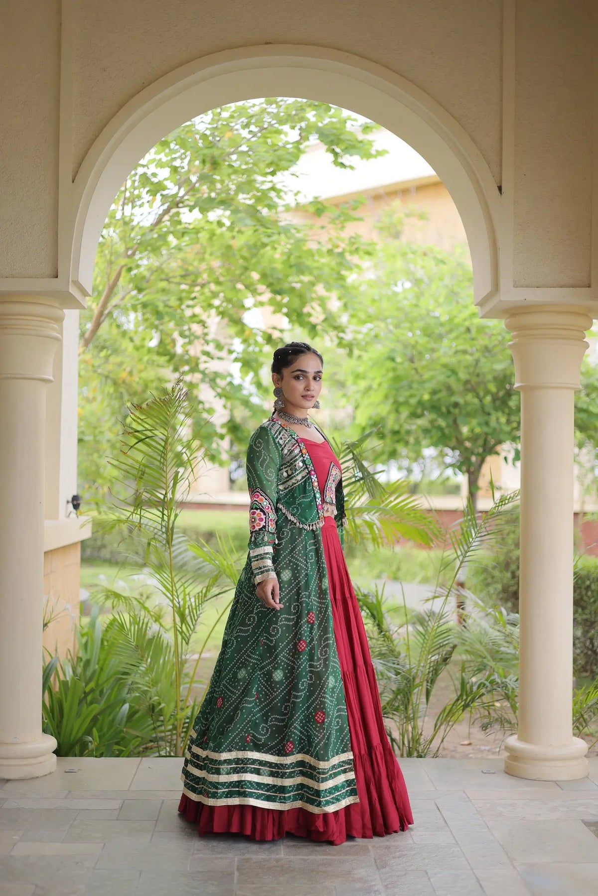 12 Meter Flair | Maroon-Green Navratri Lehenga With Patch Work Shrug