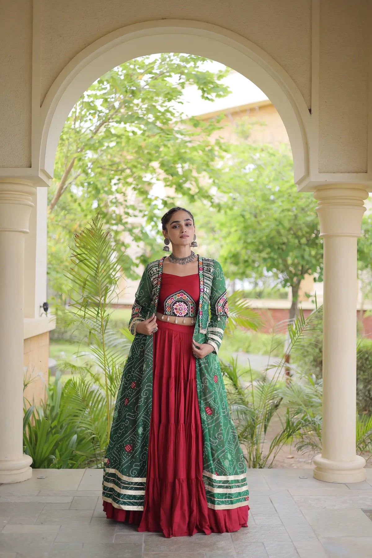 12 Meter Flair | Maroon-Green Navratri Lehenga With Patch Work Shrug