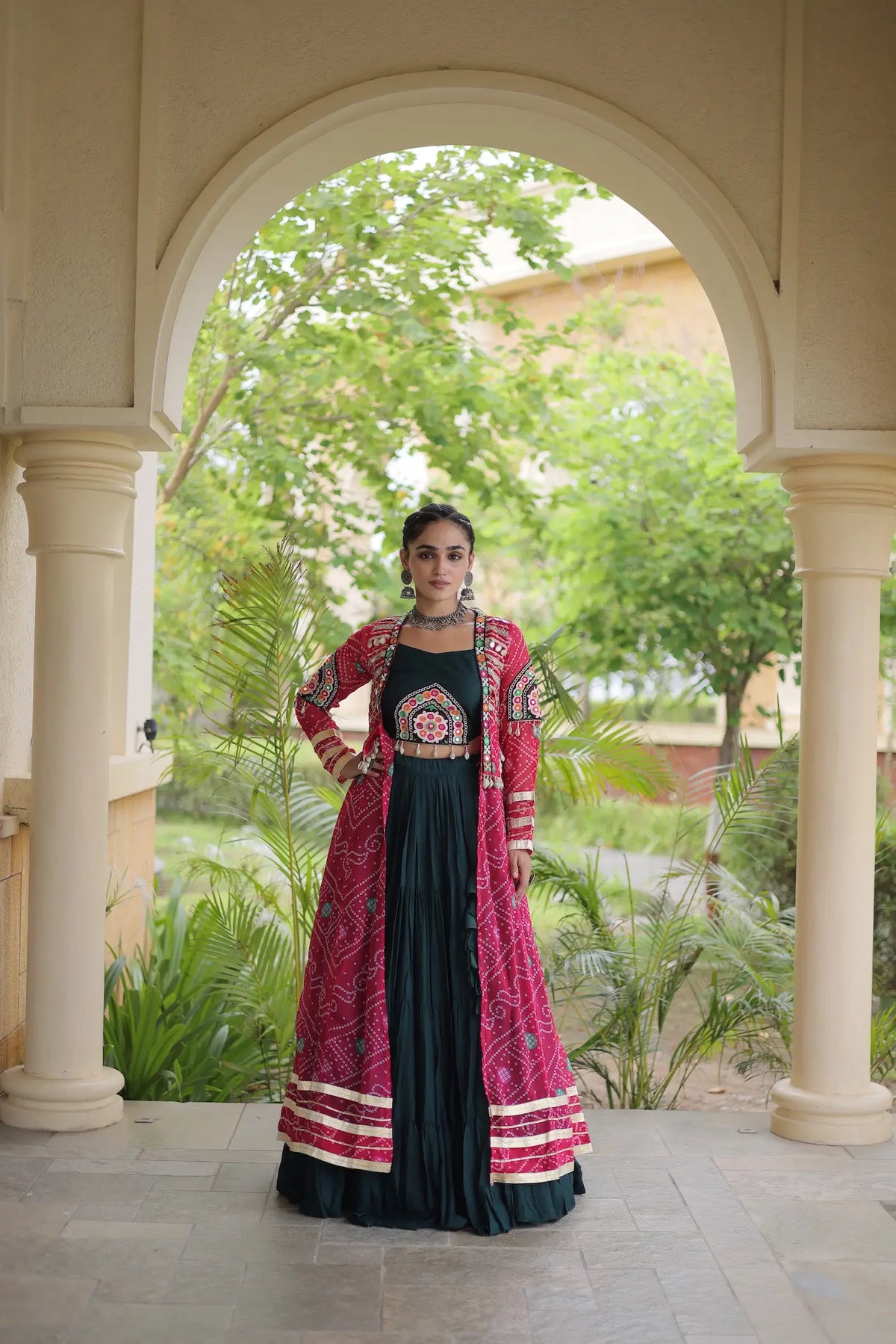 12 Meter Flair | Green-Pink Navratri Lehenga With Patch Work Shrug