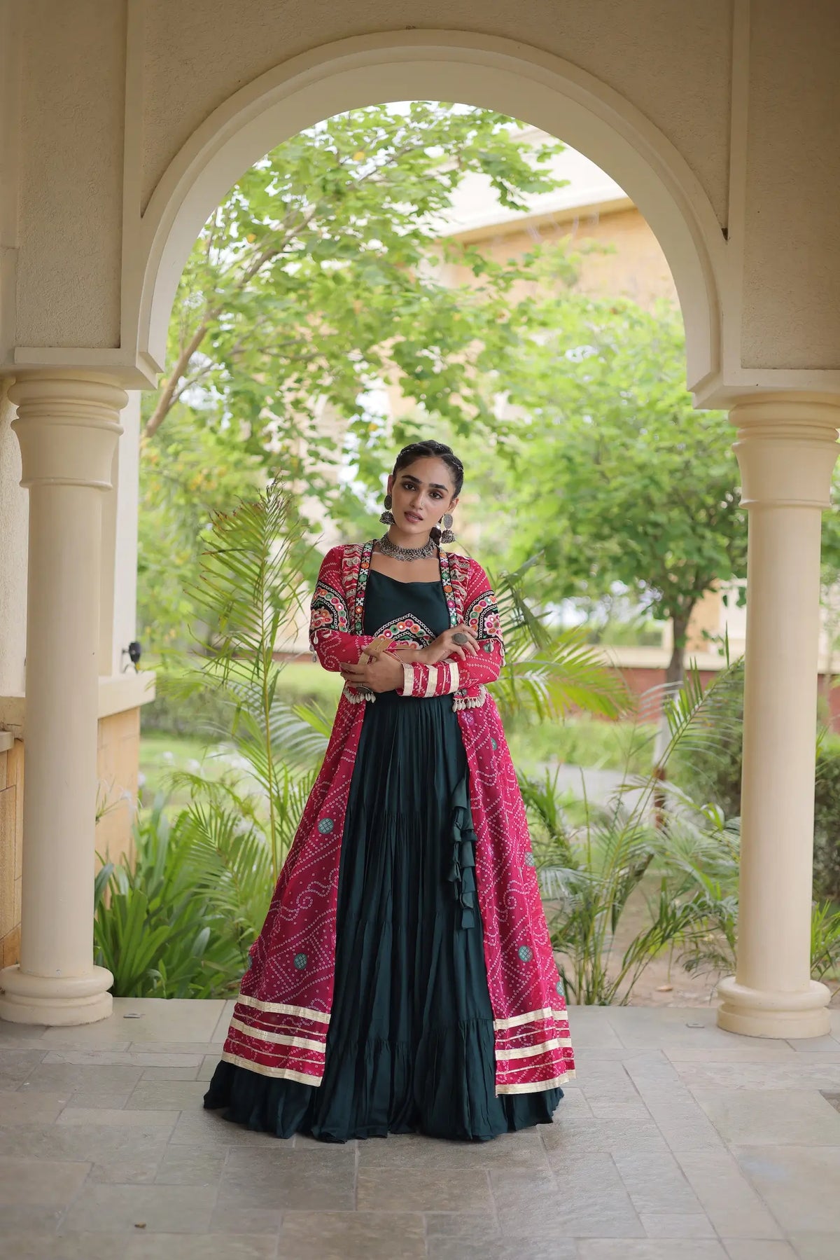 12 Meter Flair | Green-Pink Navratri Lehenga With Patch Work Shrug