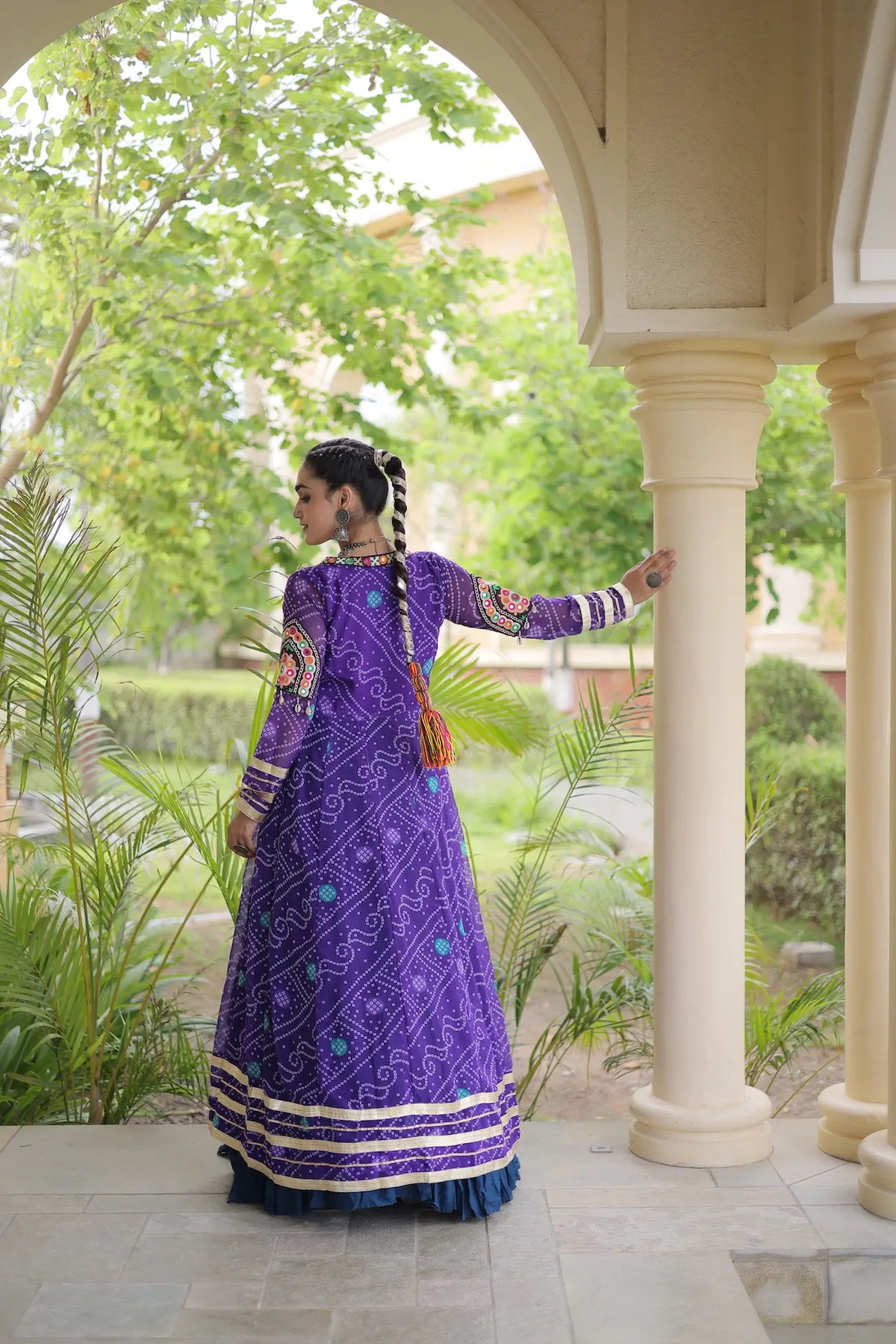 12 Meter Flair | Blue-Purple Navratri Lehenga With Patch Work Shrug