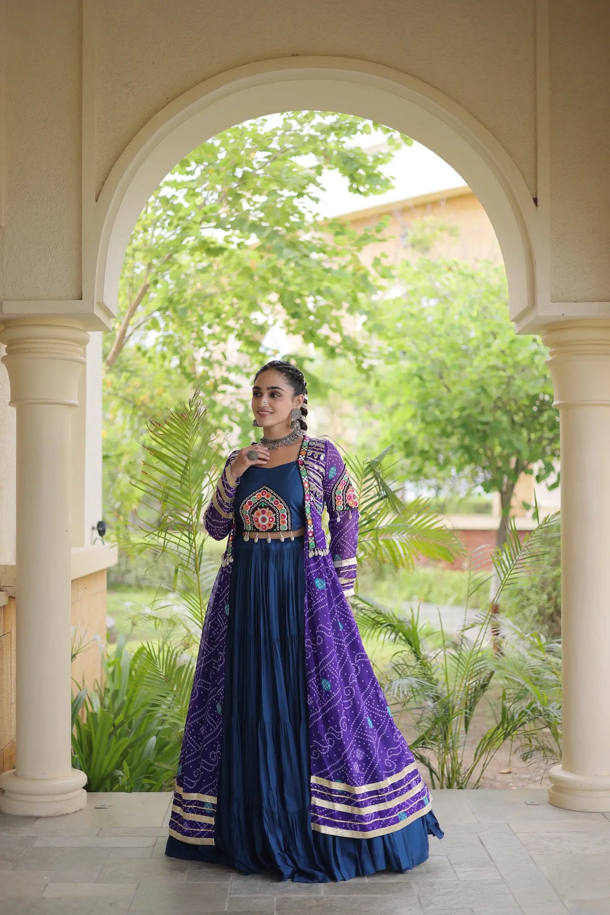 12 Meter Flair | Blue-Purple Navratri Lehenga With Patch Work Shrug