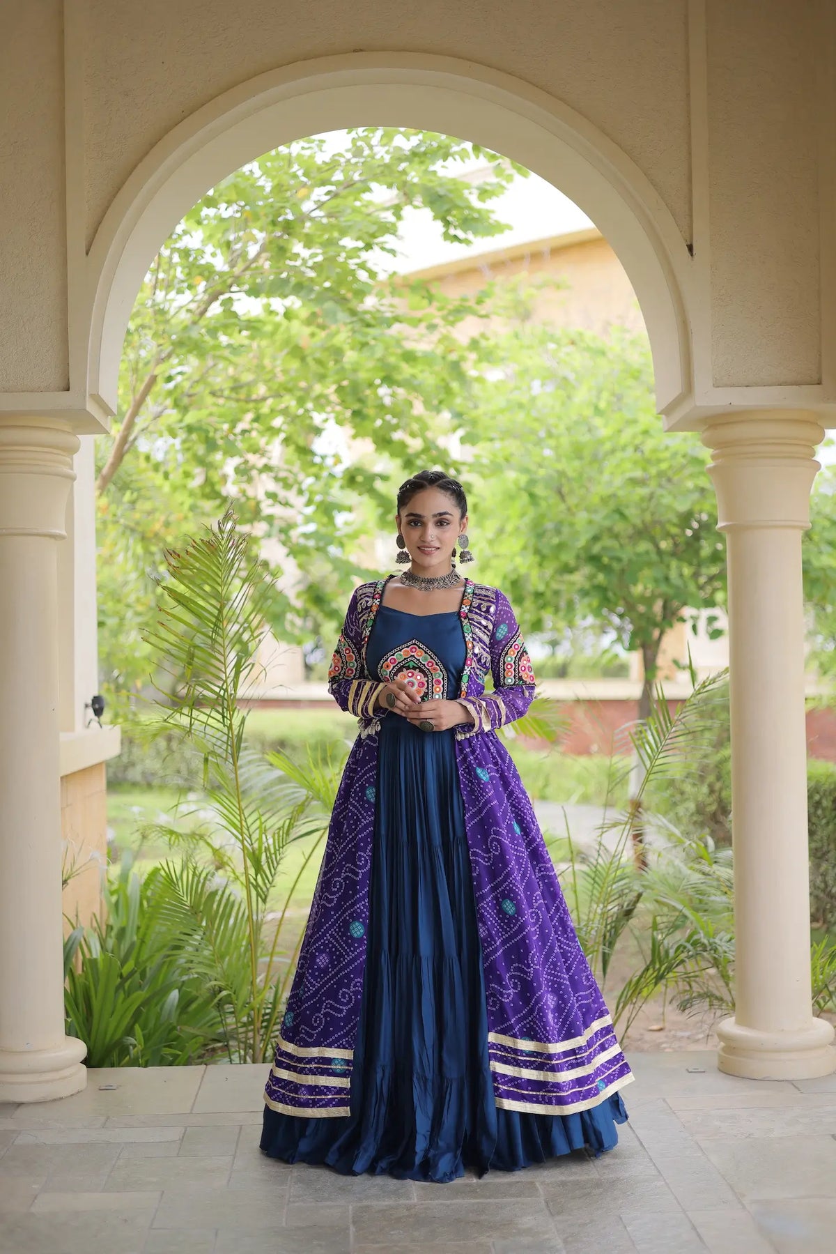 12 Meter Flair | Blue-Purple Navratri Lehenga With Patch Work Shrug