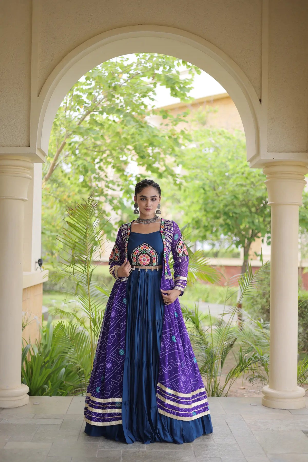 12 Meter Flair | Blue-Purple Navratri Lehenga With Patch Work Shrug
