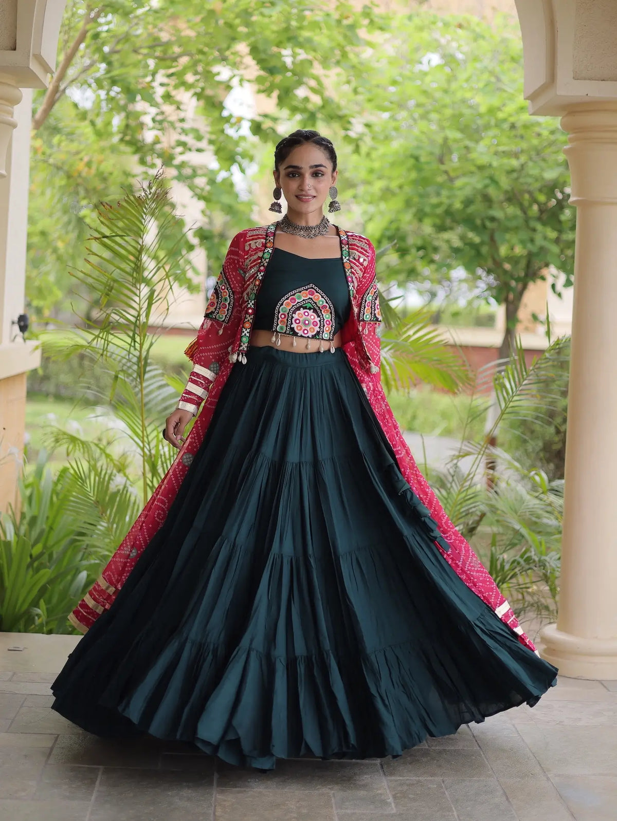 12 Meter Flair | Green-Pink Navratri Lehenga With Patch Work Shrug