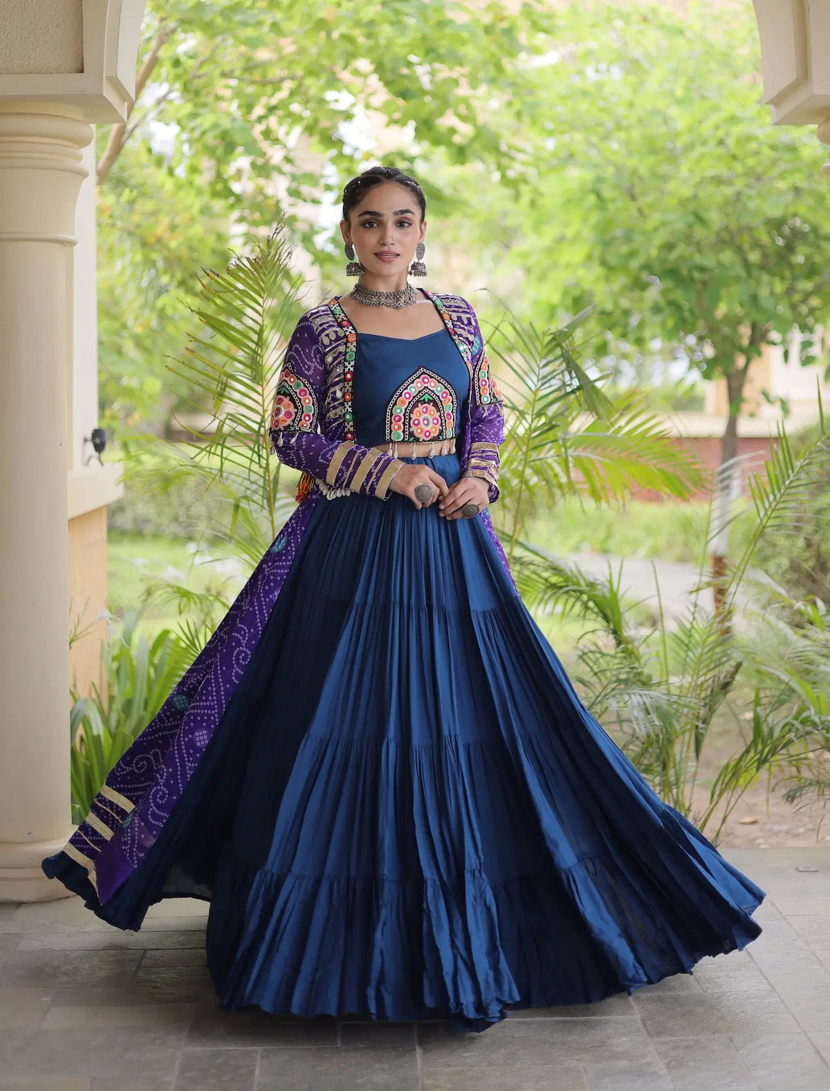 12 Meter Flair | Blue-Purple Navratri Lehenga With Patch Work Shrug