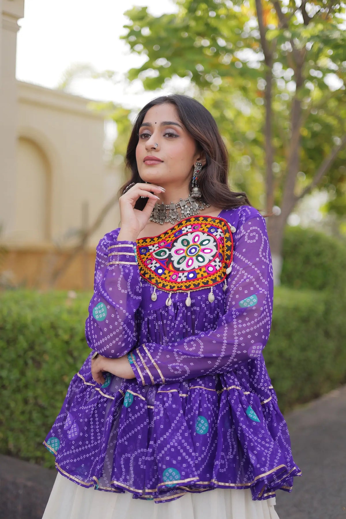 Purple-White Garba Chaniya choli With Gamthi Patch Work
