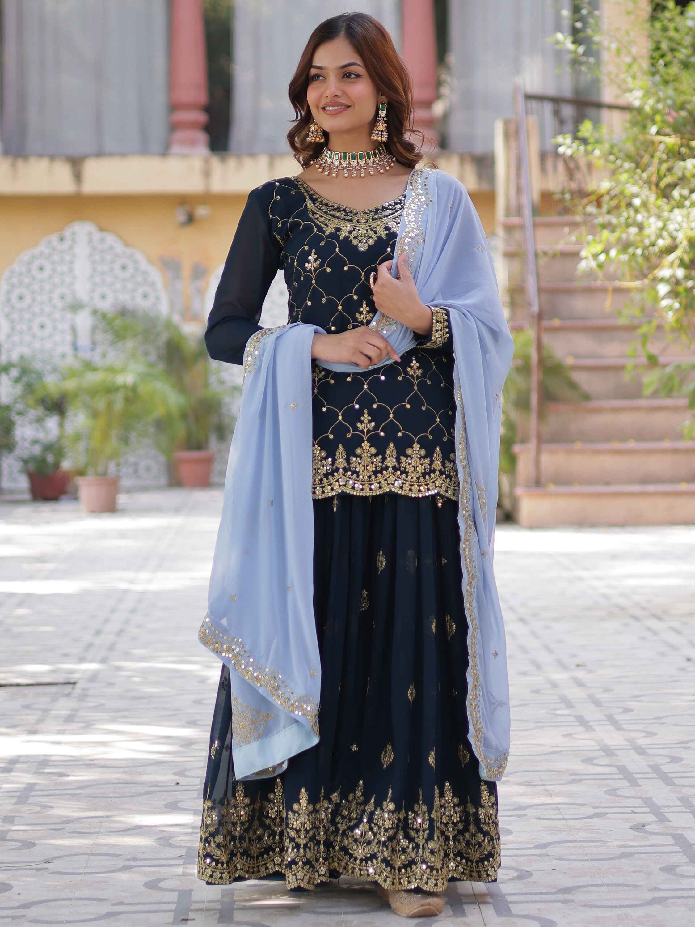 Stunning Blue Sequins Georgette Festival Wear Sharara Suit with full sleeves and chic pan-shaped neckline