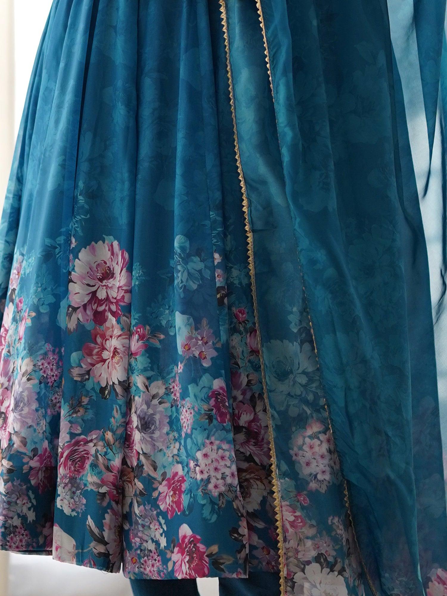 Charming blue floral printed organza festival wear Anarkali suit with intricate embroidery and flowing silhouette
