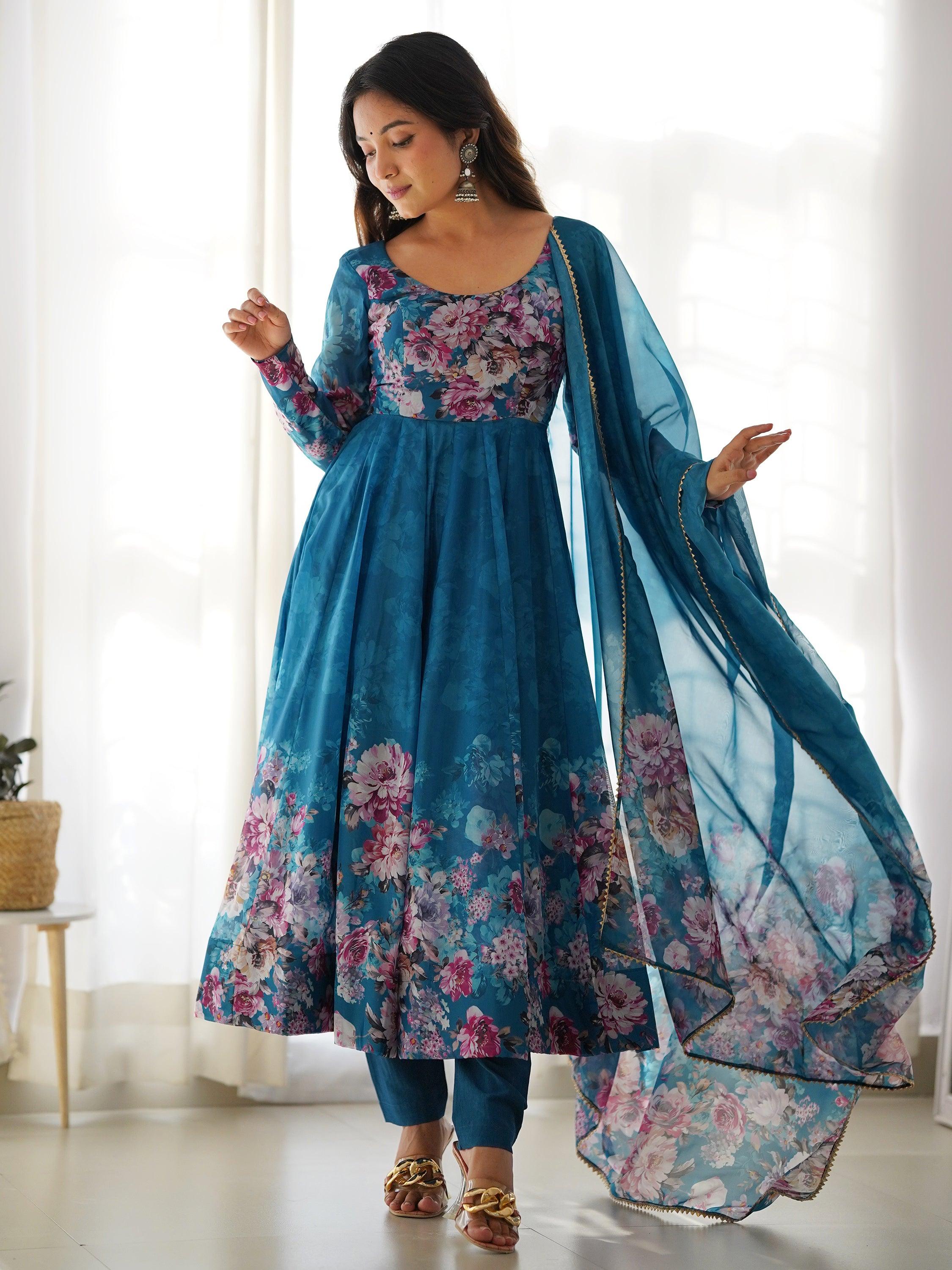 Charming Blue Floral Printed Organza Festival Wear Anarkali Suit with intricate embroidery and flowing silhouette