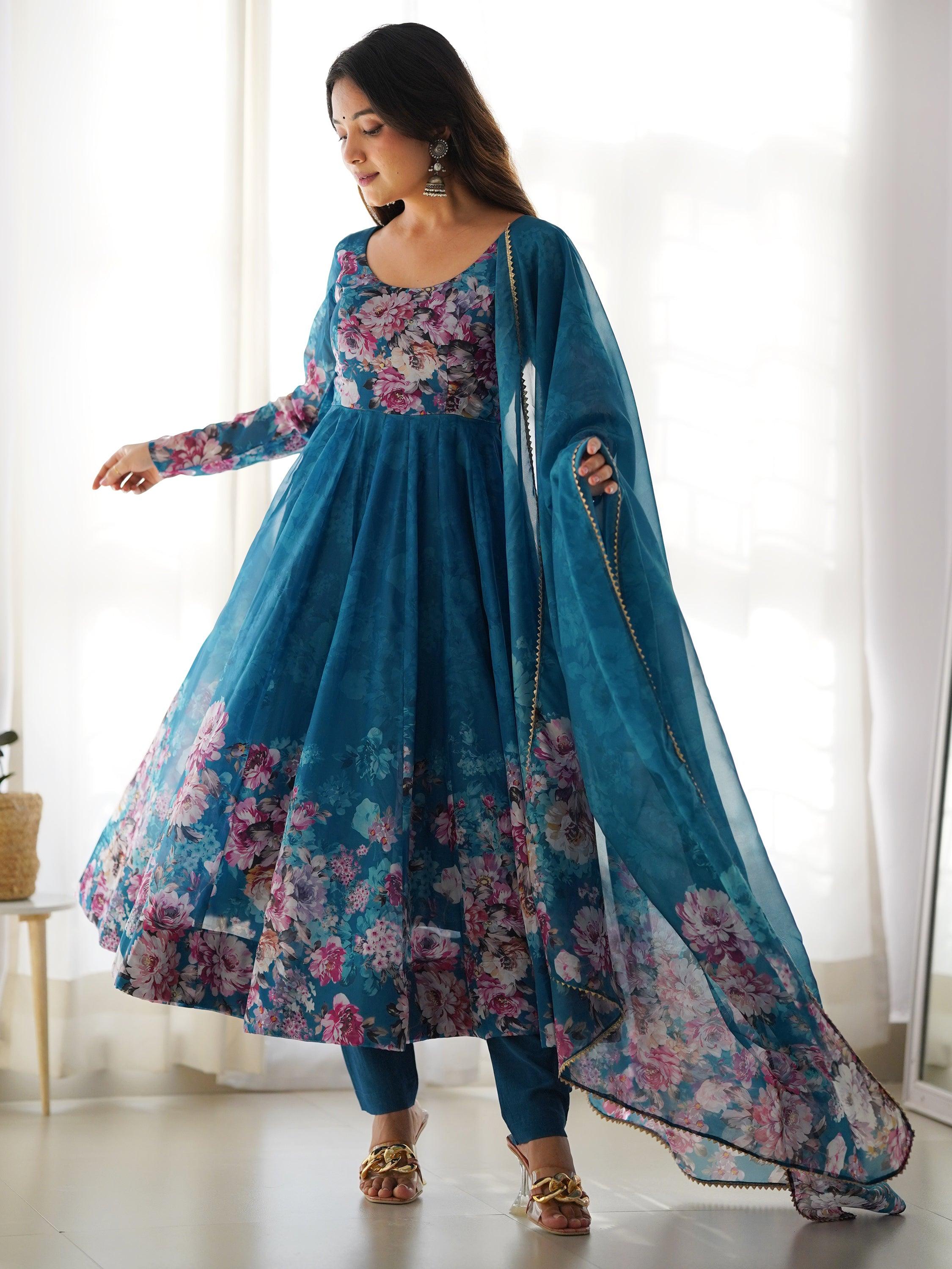 Charming blue floral printed organza festival wear Anarkali suit with intricate embroidery and elegant design