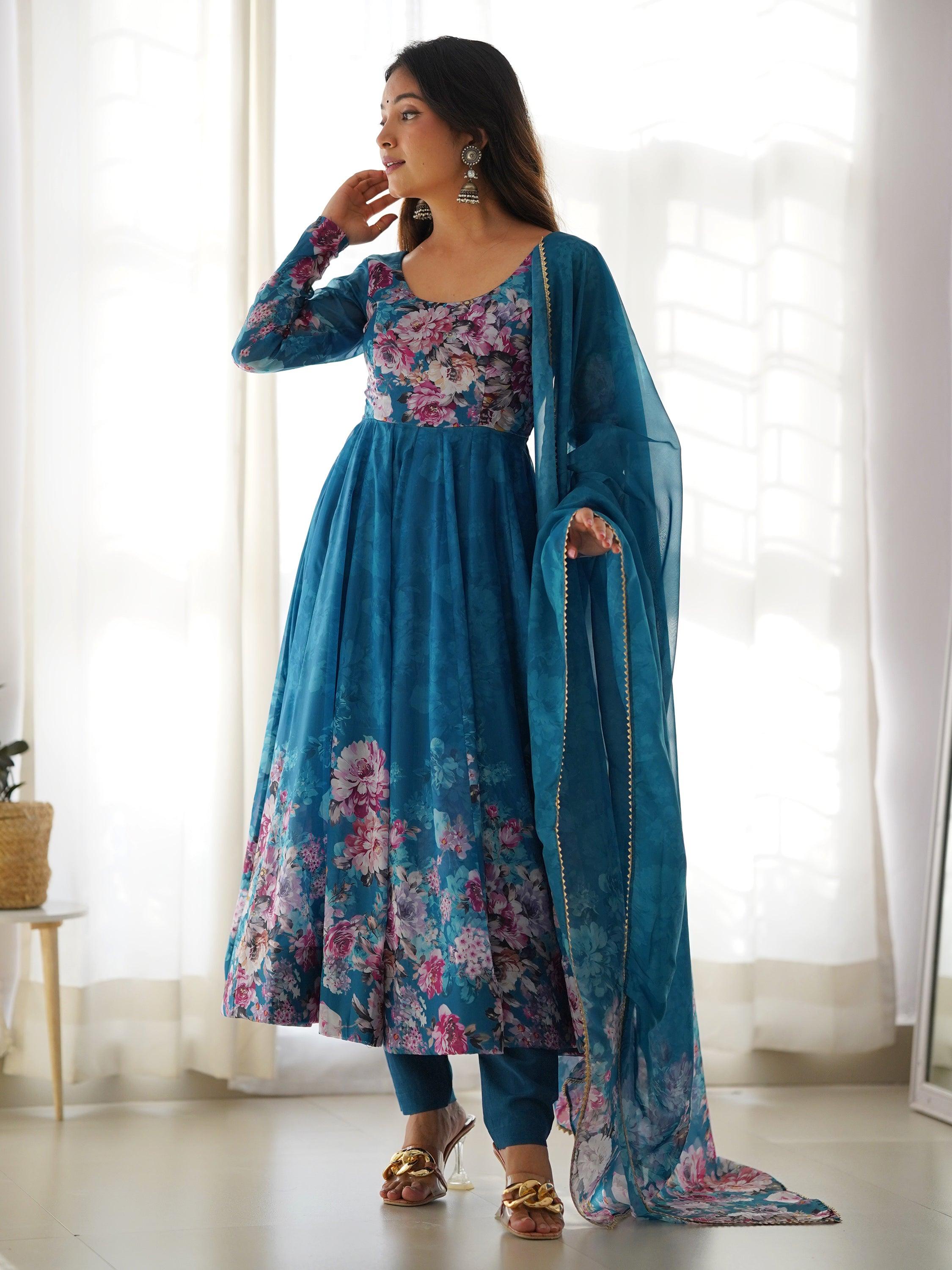 Charming blue floral printed organza festival wear Anarkali suit with intricate embroidery and flowing silhouette