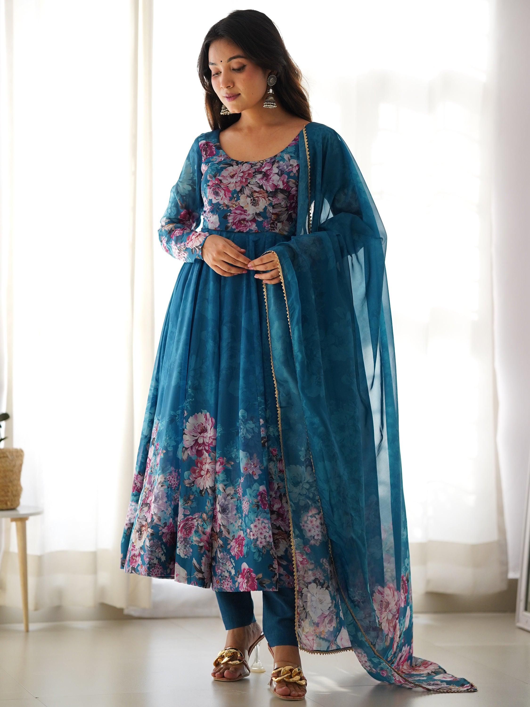 Charming blue floral printed organza festival wear anarkali suit with intricate embroidery and matching dupatta