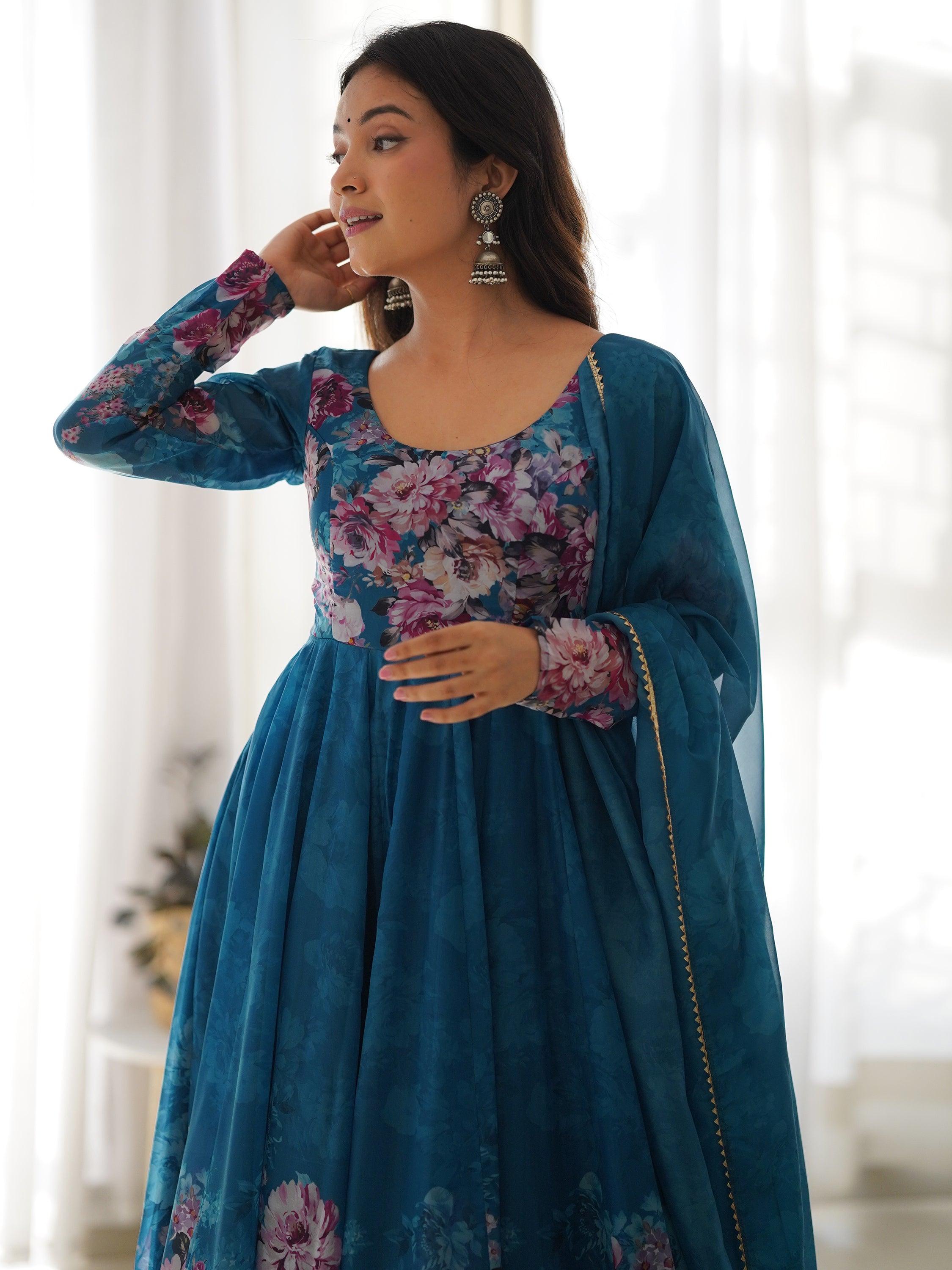 Charming Blue Floral Printed Organza Festival Wear Anarkali Suit with intricate embroidery and elegant design