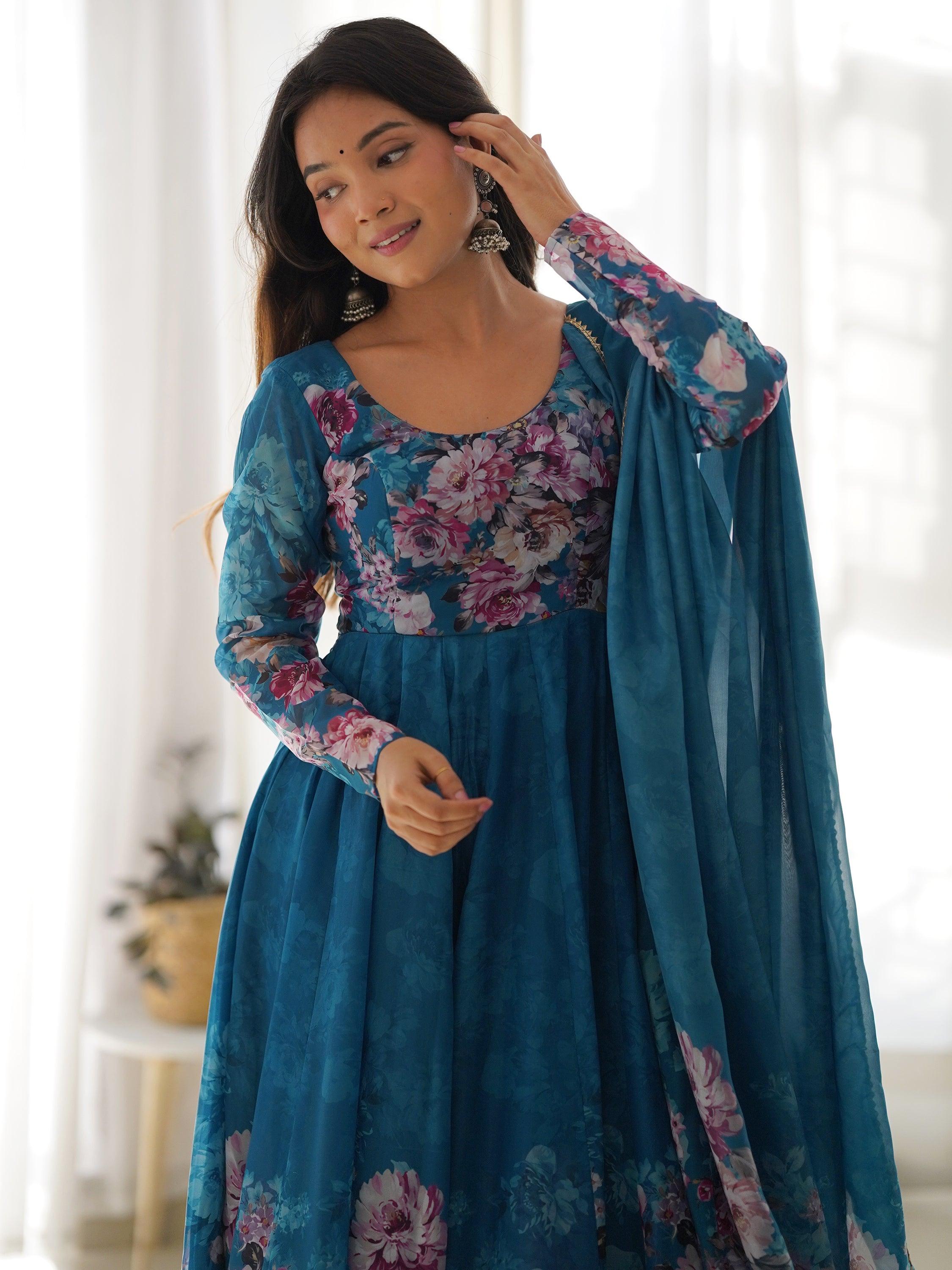 Charming Blue Floral Printed Organza Festival Wear Anarkali Suit for women