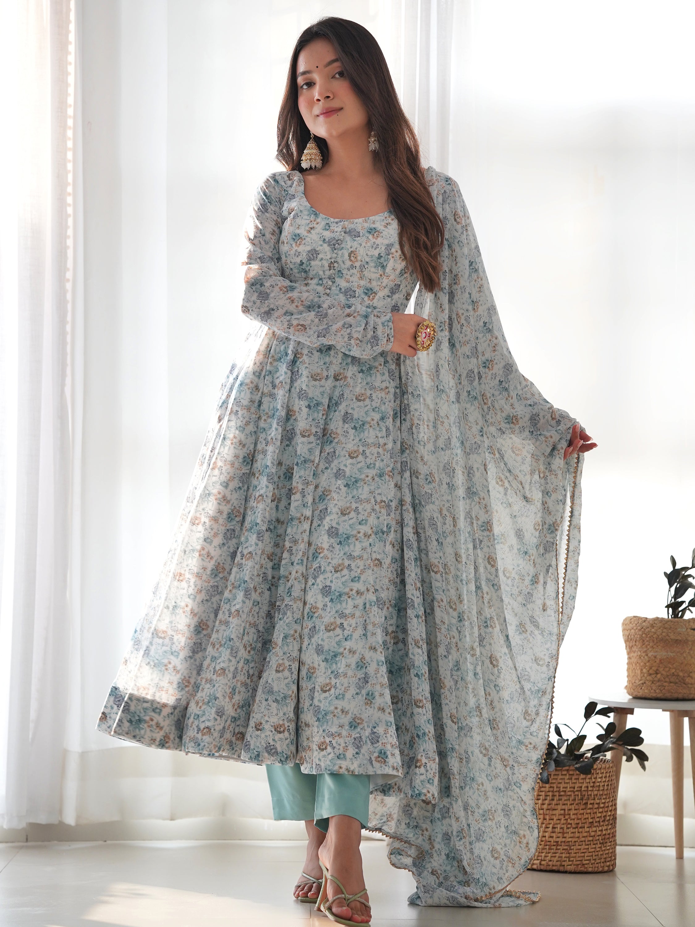 Off-white chiffon Anarkali suit with delicate digital print work