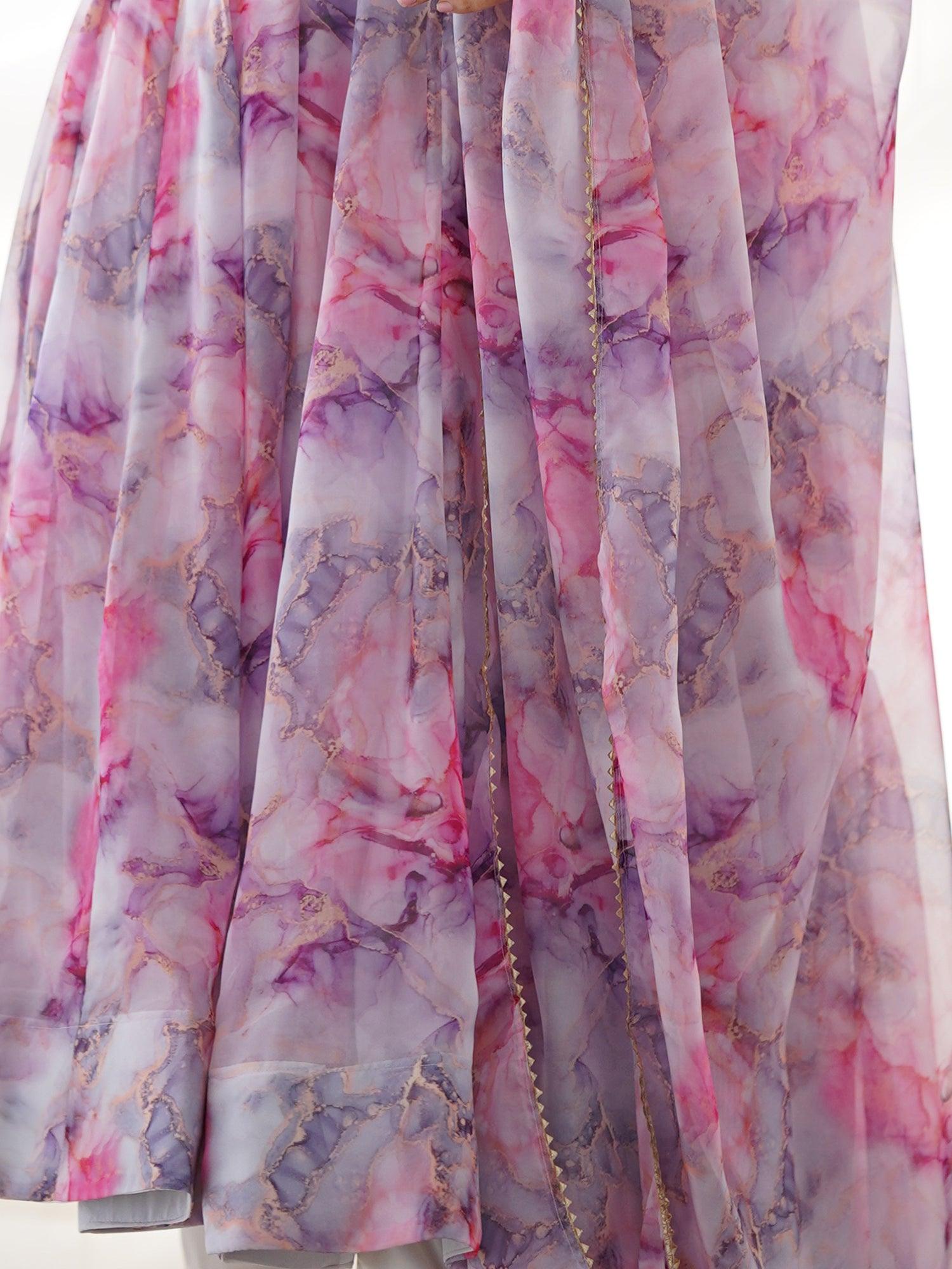 Charming Off-White Digital Printed Organza Traditional Anarkali Suit with intricate embroidery and flowing silhouette