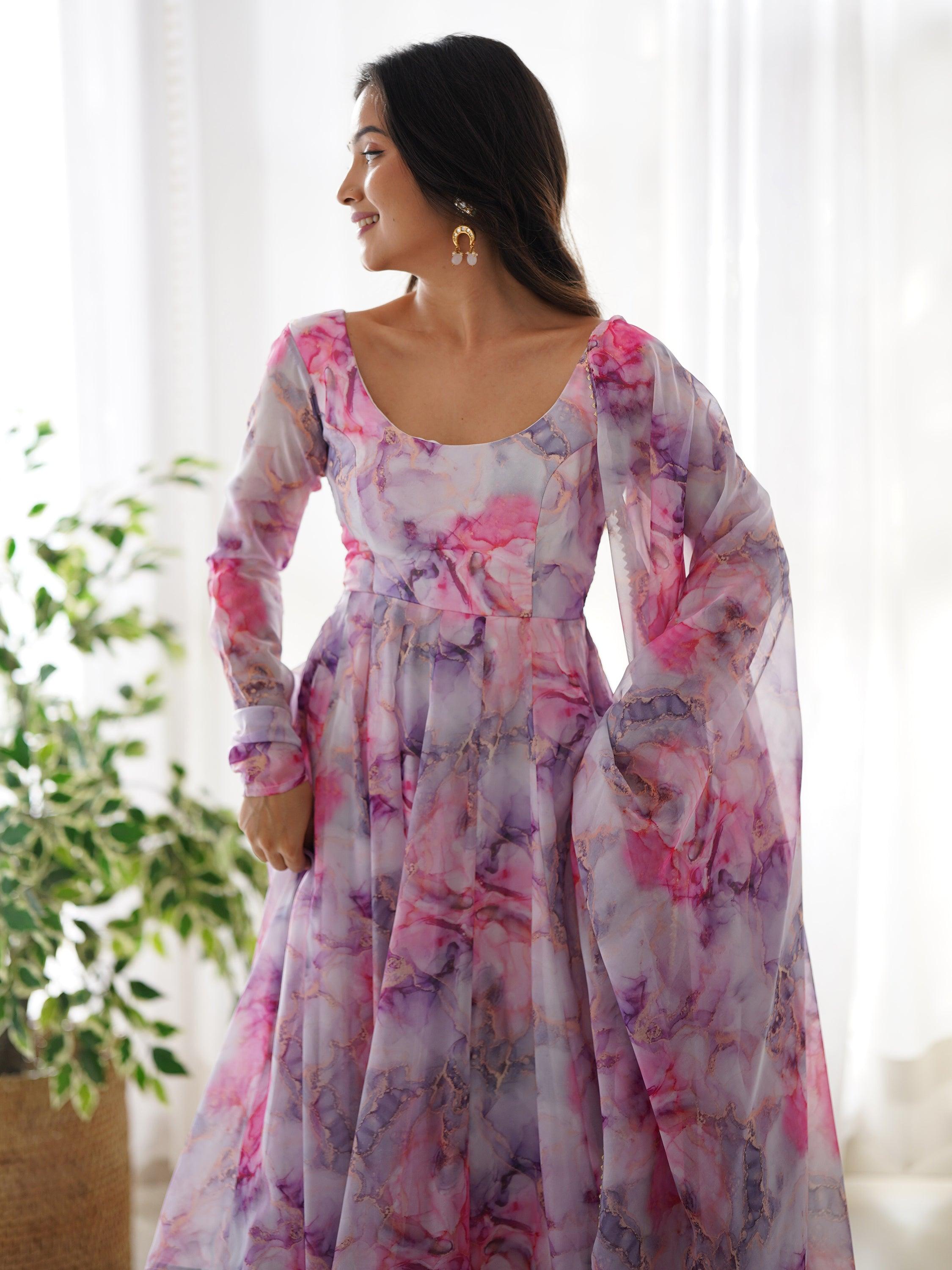 Off-white traditional anarkali suit with digital printed organza fabric and charming design