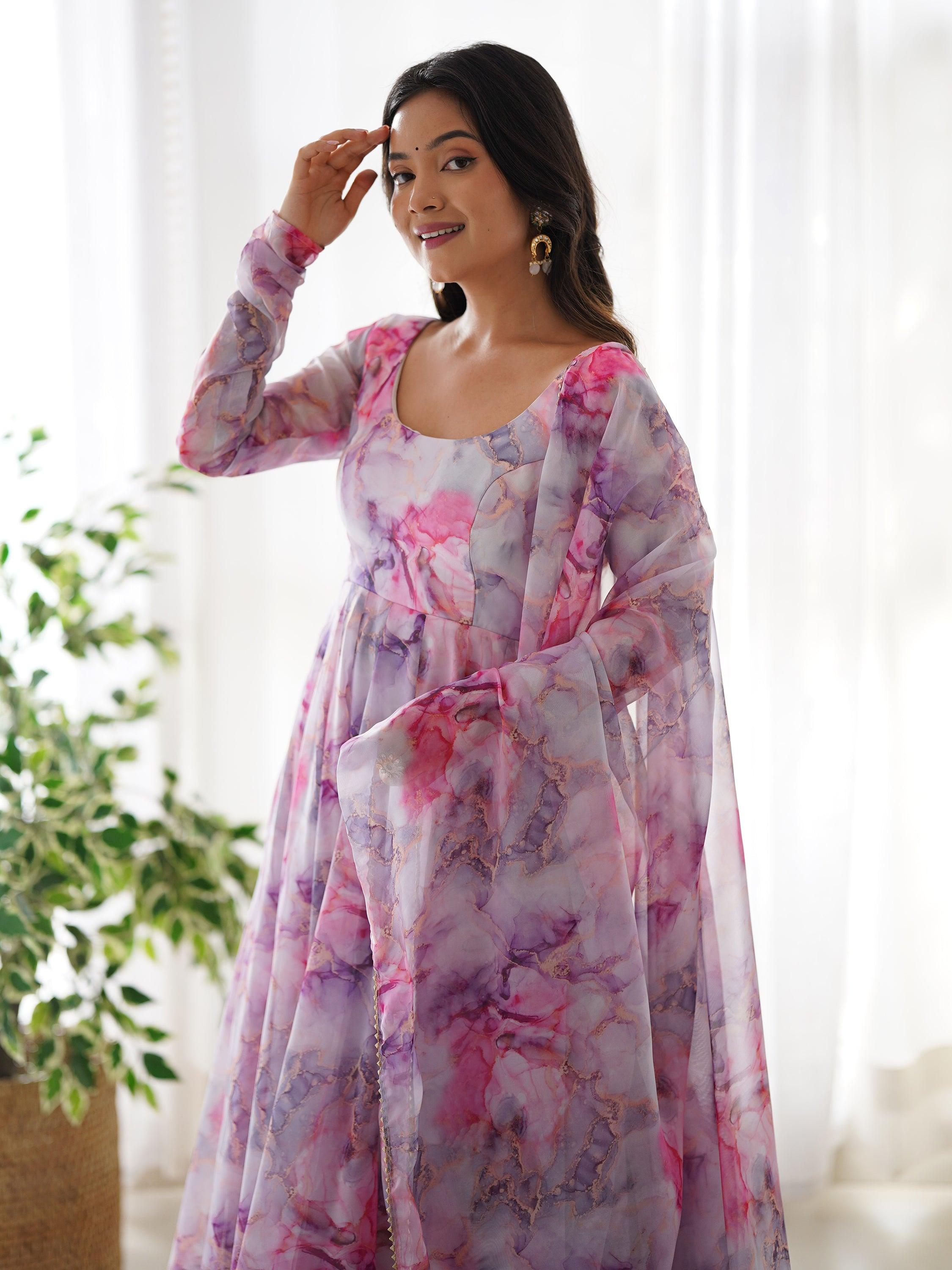 Off-White Traditional Anarkali Suit with Digital Printed Organza Fabric